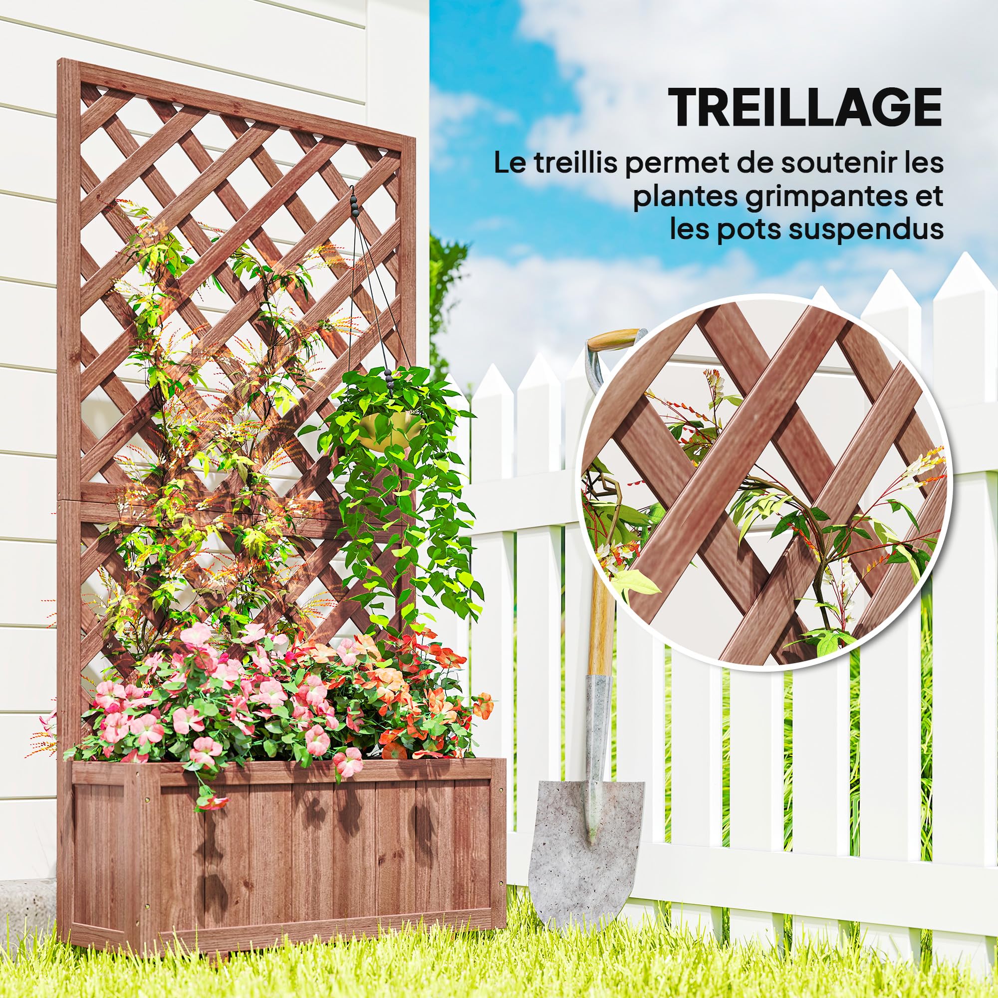 Outsunny Jardinière d'Extérieur avec Épaulière à Grille pour Plantes Grimpantes et Vase, Jardinière en Bois de Sapin Durable, 72,5 x 31,5 x 149,5 cm, Orange