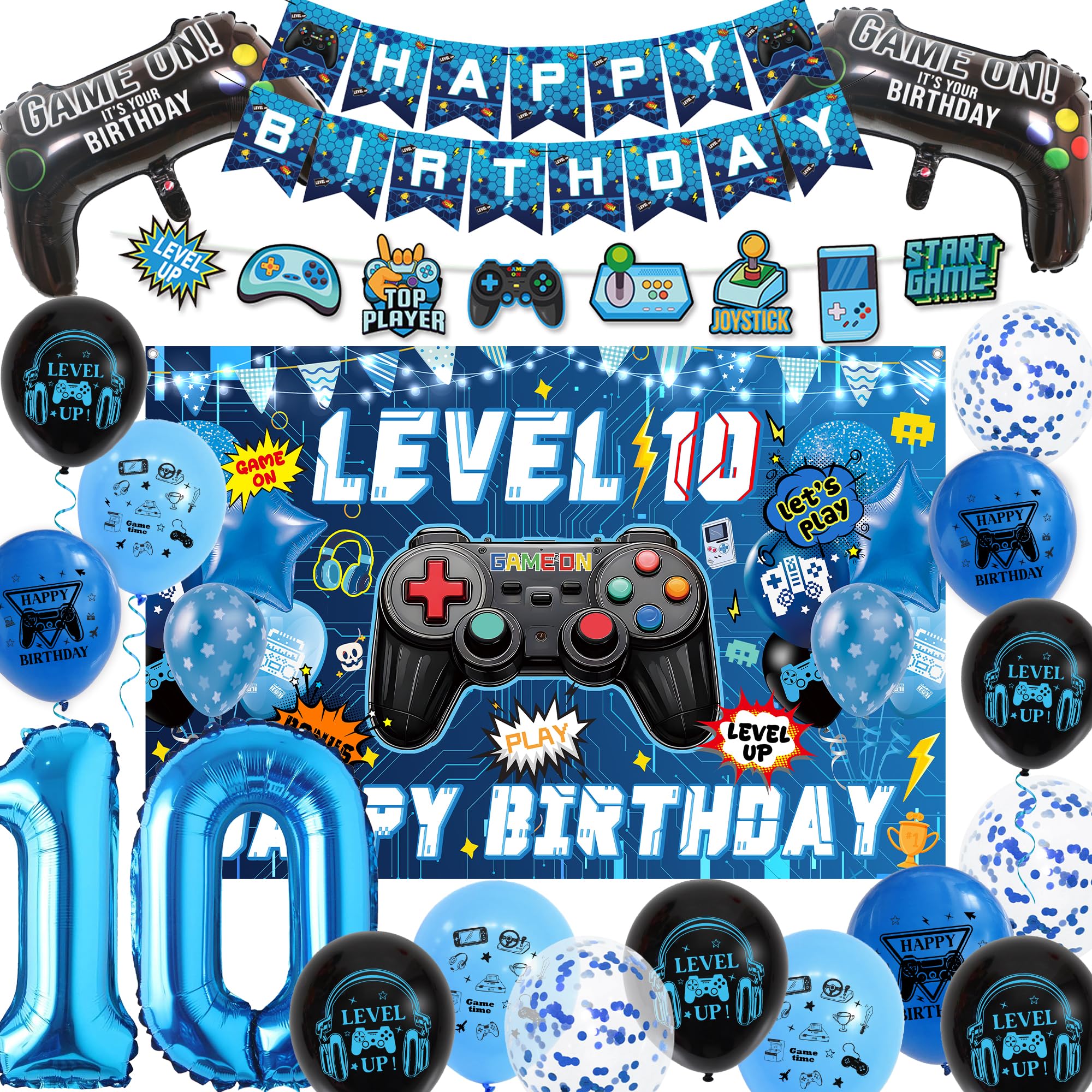 10th Birthday Decorations Banner Set - Blue Gaming Theme Balloons Kit with Hanging Swirls, Happy Birthday Backdrop Banners and Foil Balloons for Boys 10 Years Old Party Supplies
