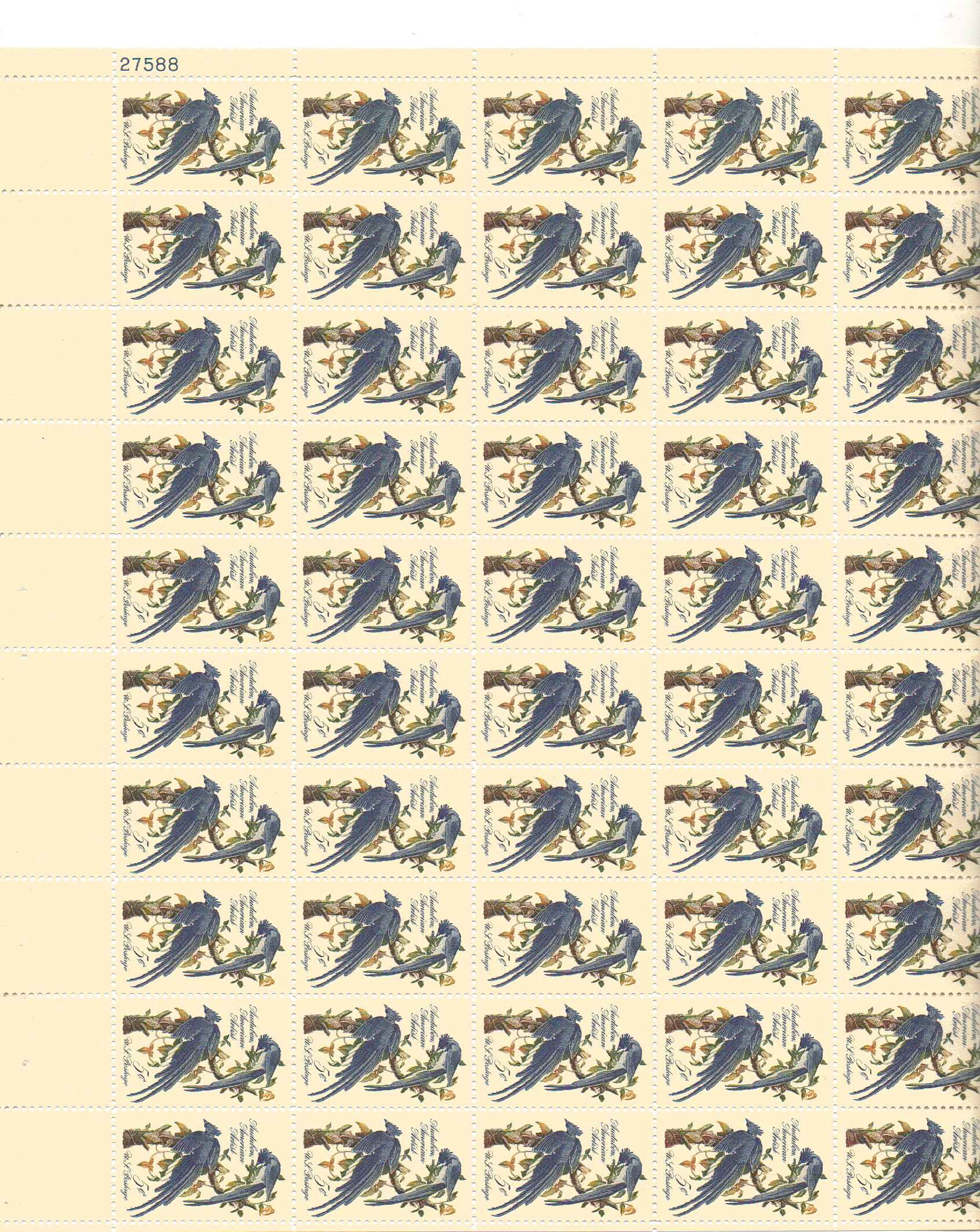 "Columbia Jays" Full Sheet of 50 X 5 Cent Us Postage Stamp Scot #1241