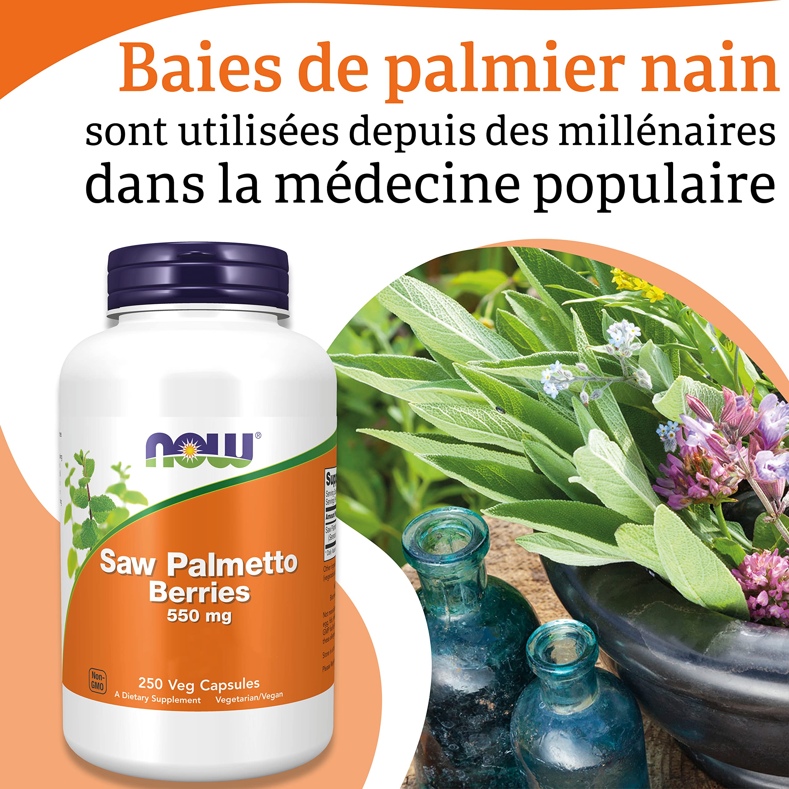 Now Foods, Saw Palmetto Berries (Baies de Palmier Nain), 550 mg, 250 Gélules végétales, Testé en Laboratoire, Végétarien, Sans Gluten, Sans Soja