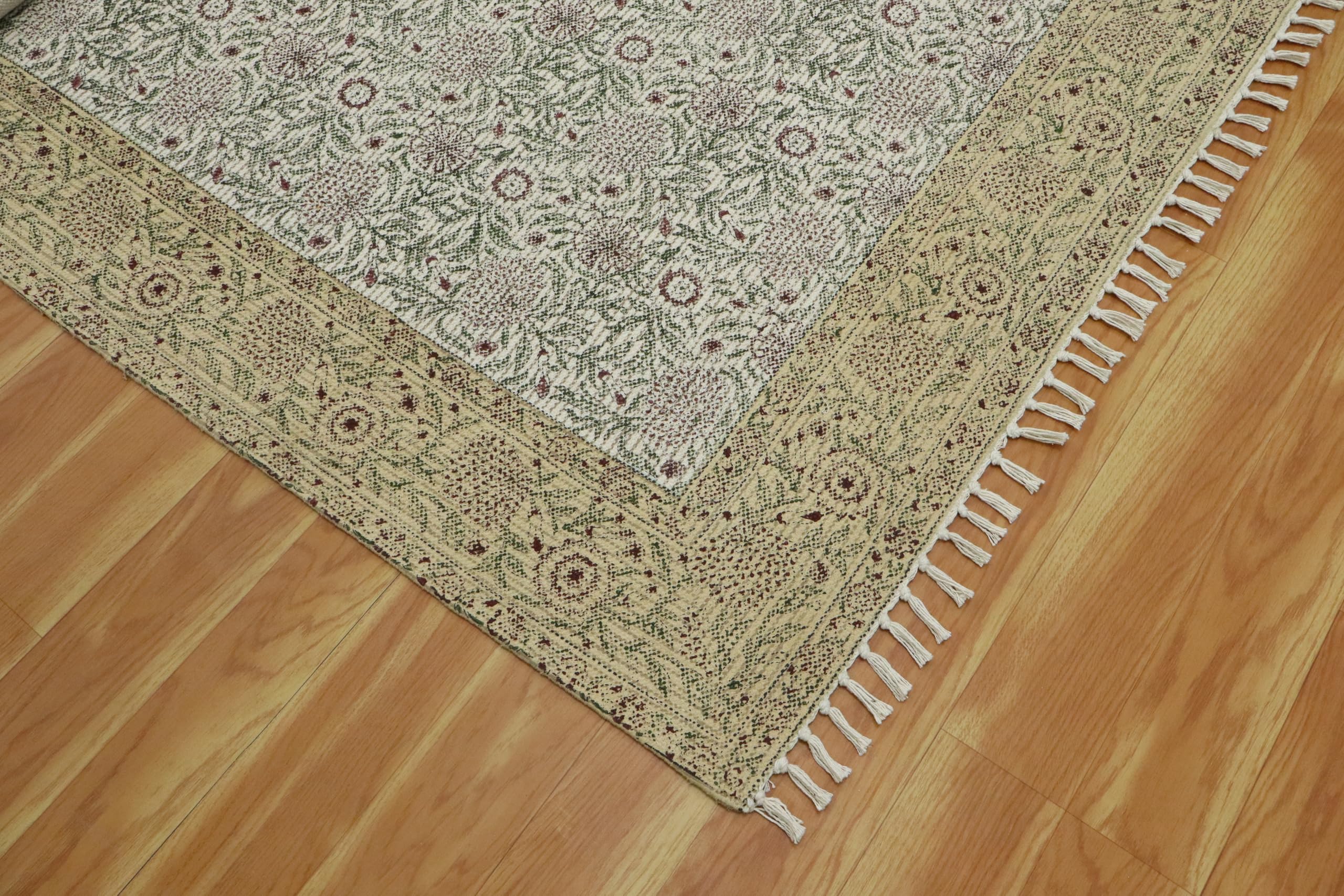 Kelim-Teppich aus Baumwolle, handbedruckt, 3 m, quadratisch, waschbar, 0,5 cm, Handwäsche, Flachgewebe, Braun und Beige, Blumenmuster, für drinnen und draußen, für Küche, Yoga