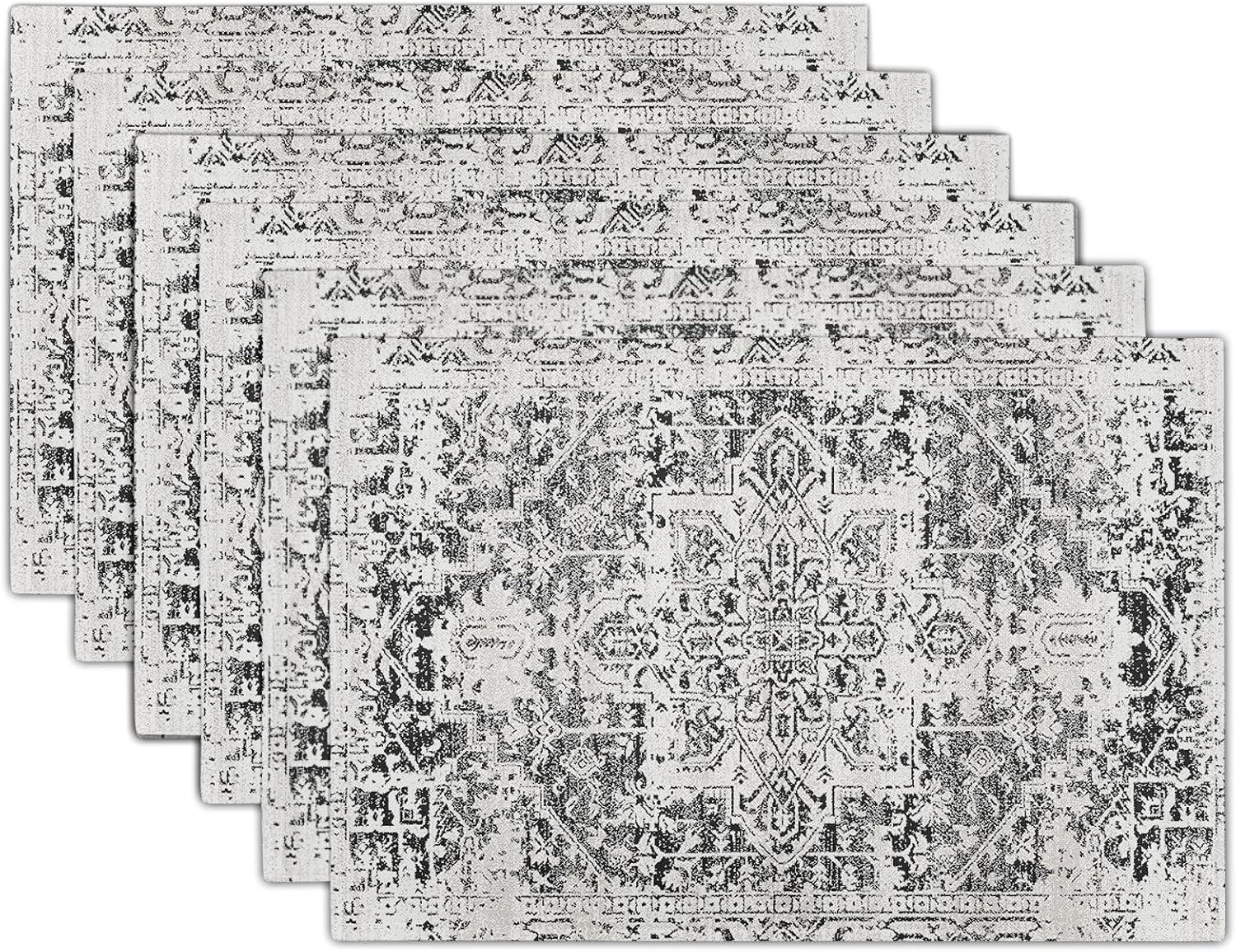 Gray Black Boho Placemats Set of 6 Ethnic Bohemian Carpet Place Mats Washable Kitchen Dining Vintage Grey Geography Floral Linen Table Mats Stain Heat-Resistant Cloth Tabel for Home Party 12x18 in