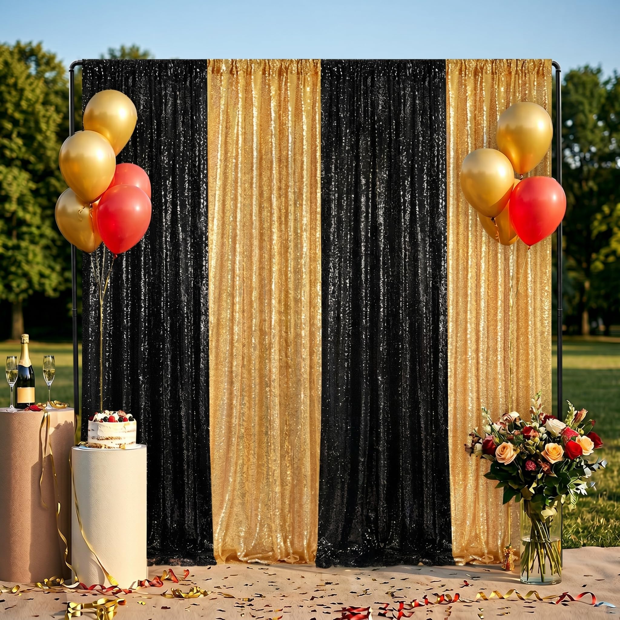 Gold Sequin Backdrop Curtain Panels Stage 2 Pieces 2FTx8FT Sheer Gold Curtains Backdrop Photo Backdrop Curtains for Wedding Birthday Party Background Drapes Christmas Decorations — Amazon image 2