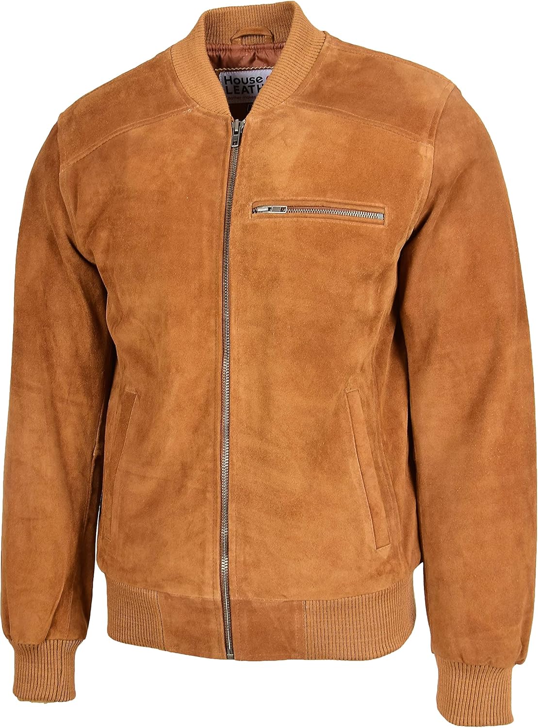 House of Leather Mens Real Suede Bomber Jacket Baseball Varsity Style Reg (XL, Tan)