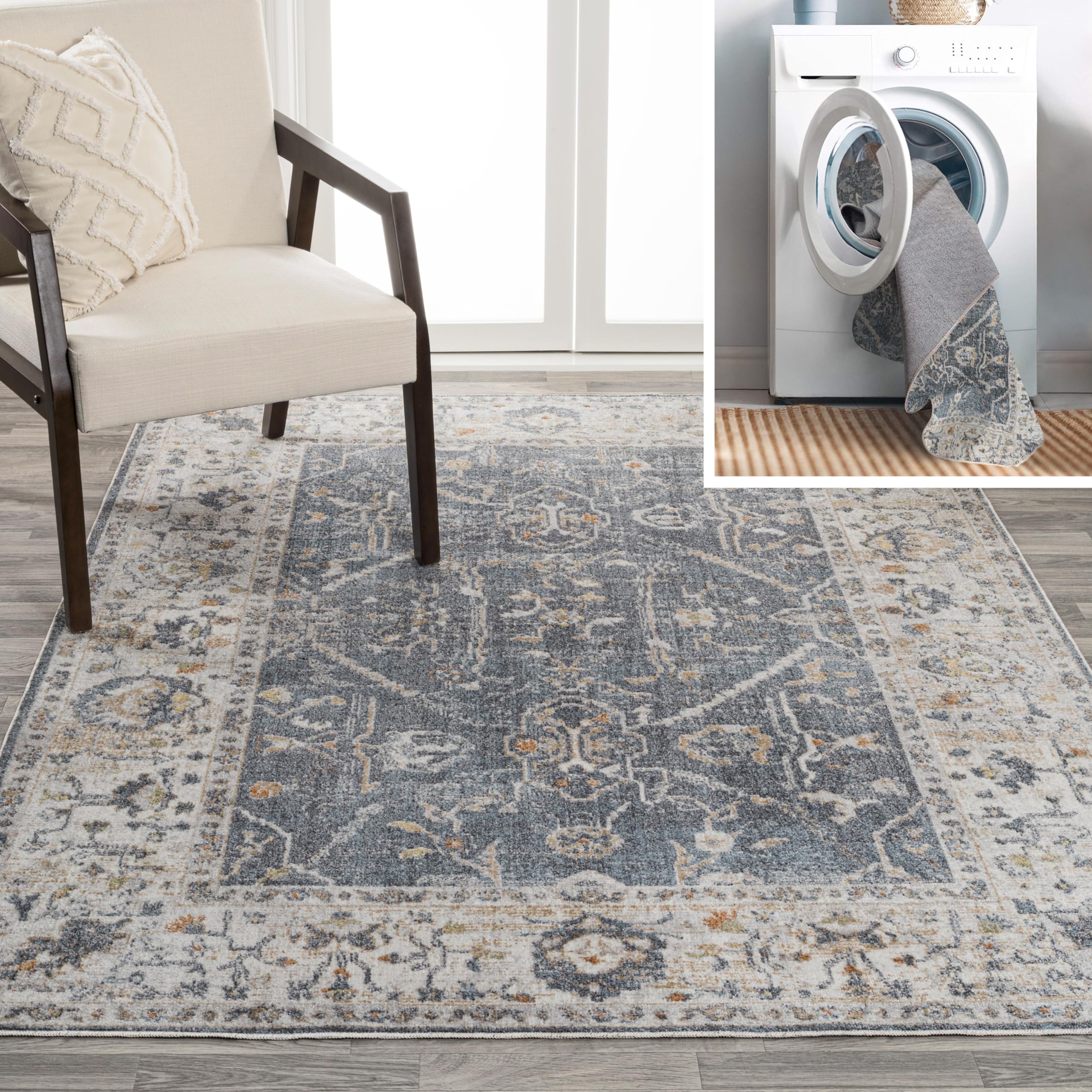 JONATHAN Y WSH321A-3 Brandy Rustic Border Low-Pile Machine-Washable Area Rug, Classic, Traditional, Glam for Bedroom, Kitchen, Living Room, Easy-Cleaning, Dark Gray/Cream, 3 ft. x 5 ft.