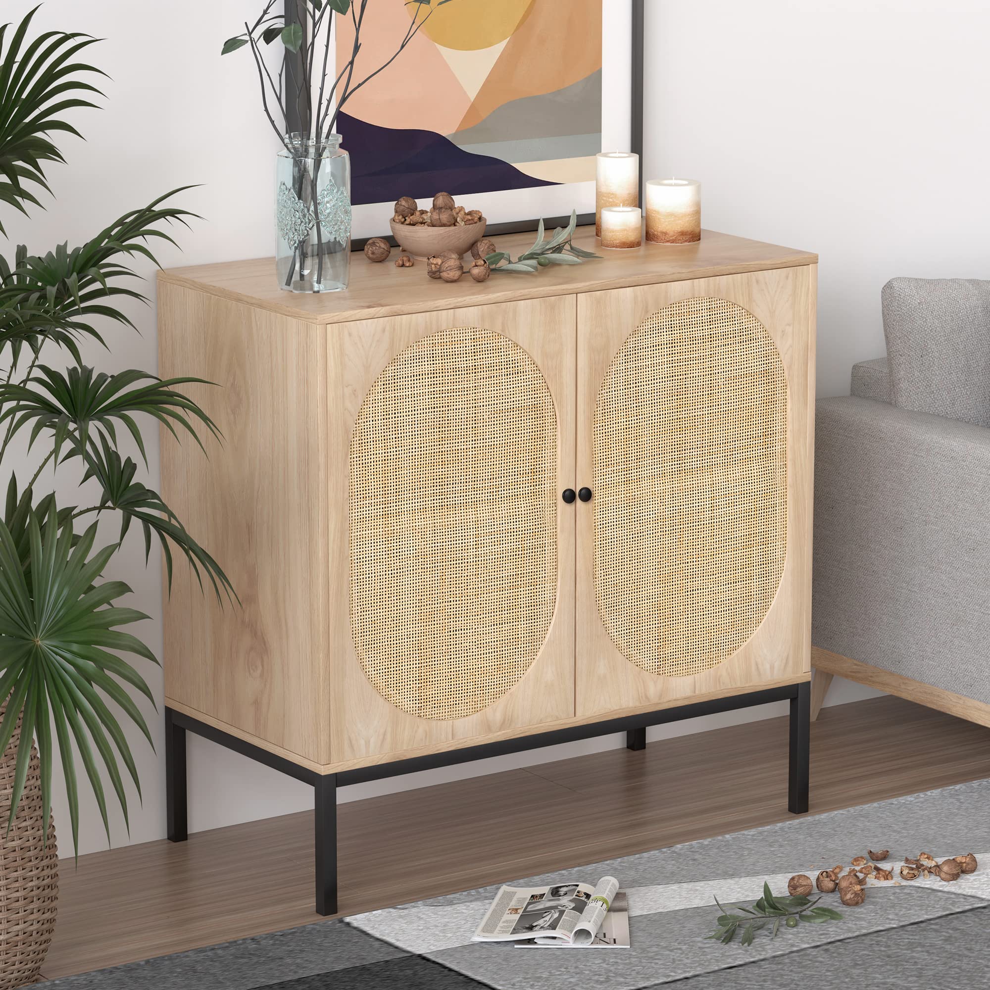 XIAO WEI Buffet Sideboard with Handmade Natural Rattan Doors, Storage Cabinet Console Table Accent Cabinet, for Dining Room, Living Room, Kitchen, Nature 1