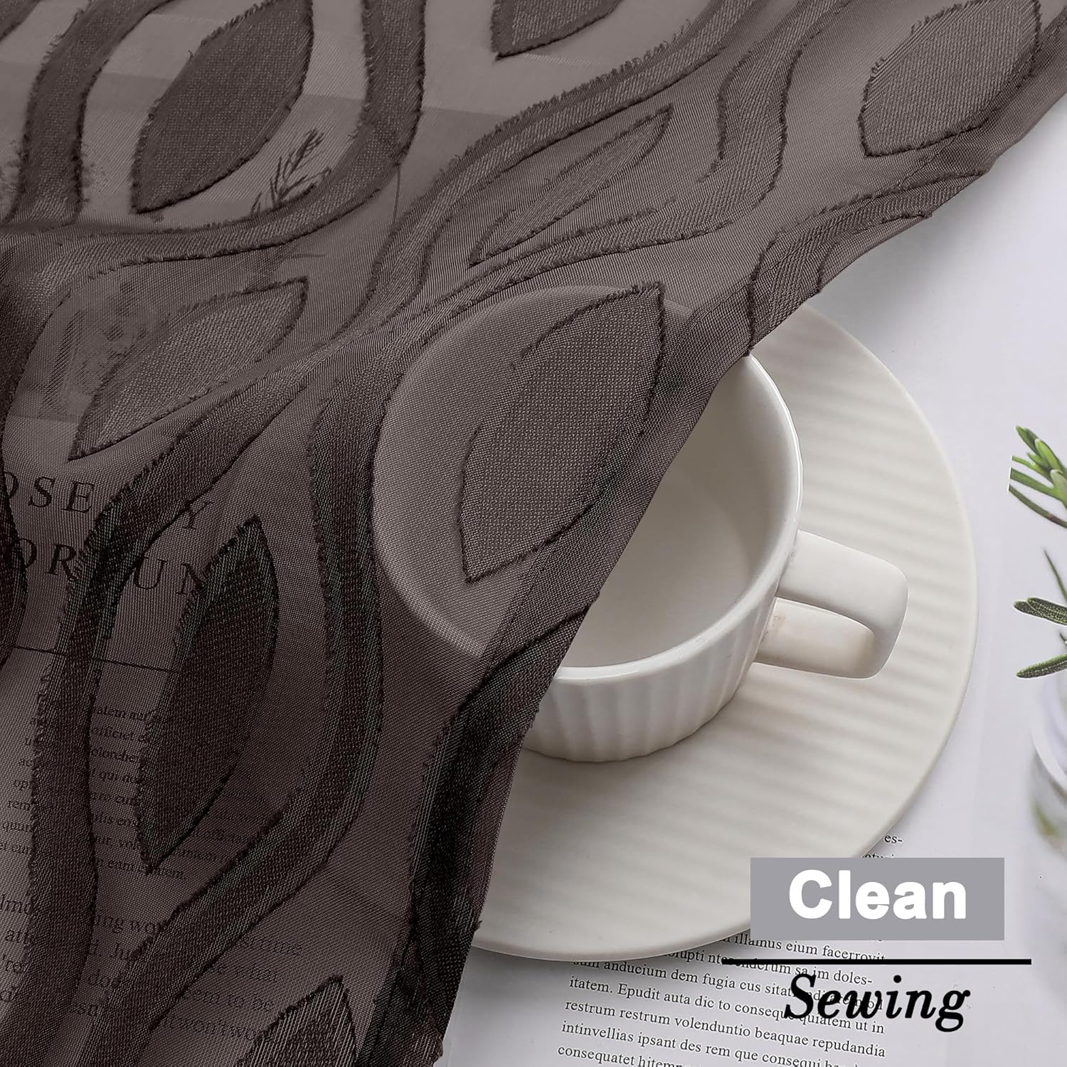 Aiyufeng Brown Valance Curtains 14 Inch Length, Chic Wavy Line Clip Jacquard Sheer Curtains for Basement Bathroom, Lightweight Solid Rod Pocket Small Window Curtains, 2 PCS, 40Wx14L Inch