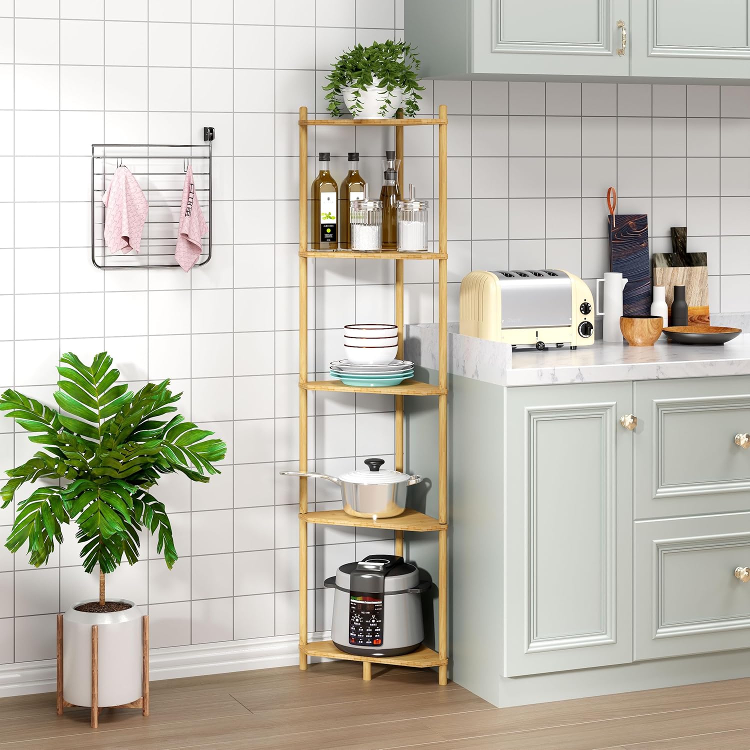 Corner Shelf Stand - 5 Tier Bamboo Small Corner Bookshelf for Office Kitchen Bedroom Plant Stand Living Room Decor Small Space (Natural, 5 Tier)