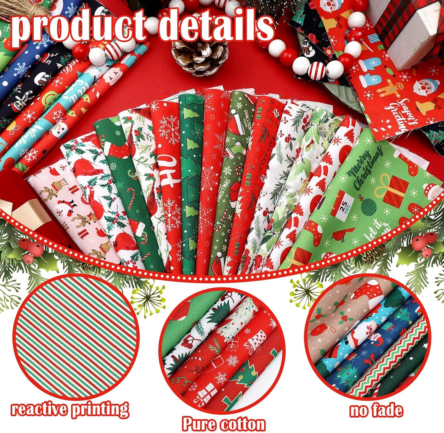Irenare 100 Pcs 8 x 8 Inches Christmas Fabric Bundles Fat Quarters Santa Claus Precut Fabric Bundle Squares Xmas Tree Snowman Printed Sewing Patchwork for Xmas Winter DIY Crafts Quilting