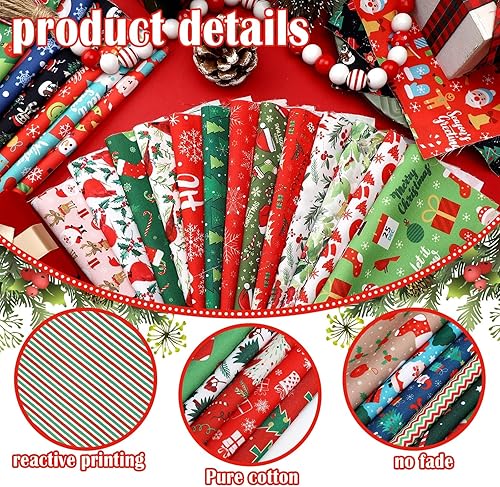 Miniatura 5 de Irenare 100 Pcs 8 x 8 Inches Christmas Fabric Bundles Fat Quarters Santa Claus Precut Fabric Bundle Squares Xmas Tree Snowman Printed Sewing
