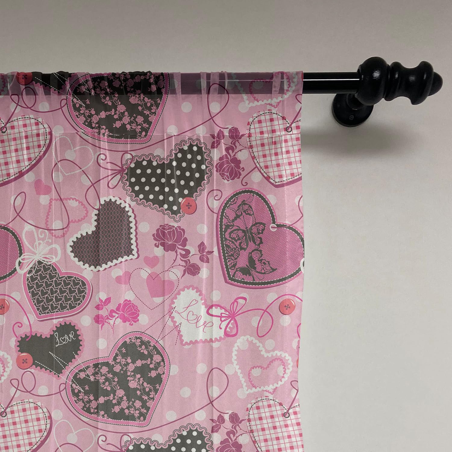 Lunarable Hearts Tulle Curtains with Rod Pocket, Sewing Themed Love with Polka Dots Valentine's Day Inspired Image, Sheer Drape for Wedding Party 2 Panels, 108" x 90", White Black