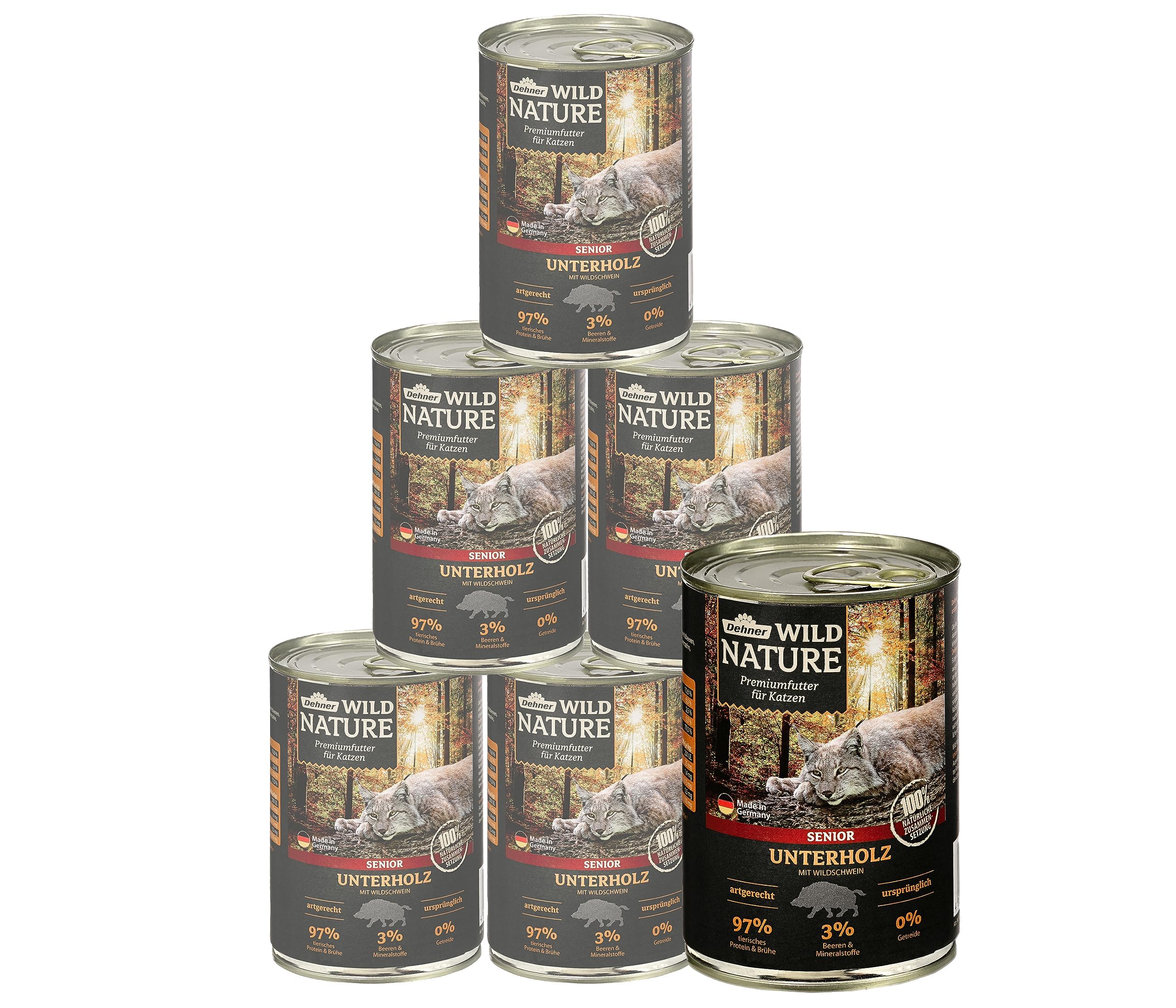 Dehner Wild Nature Katzenfutter Unterholz, Nassfutter getreidefrei / zuckerfrei, für ältere Katzen, Wildschwein, 6 x 400 g Dose, (2.4 kg)