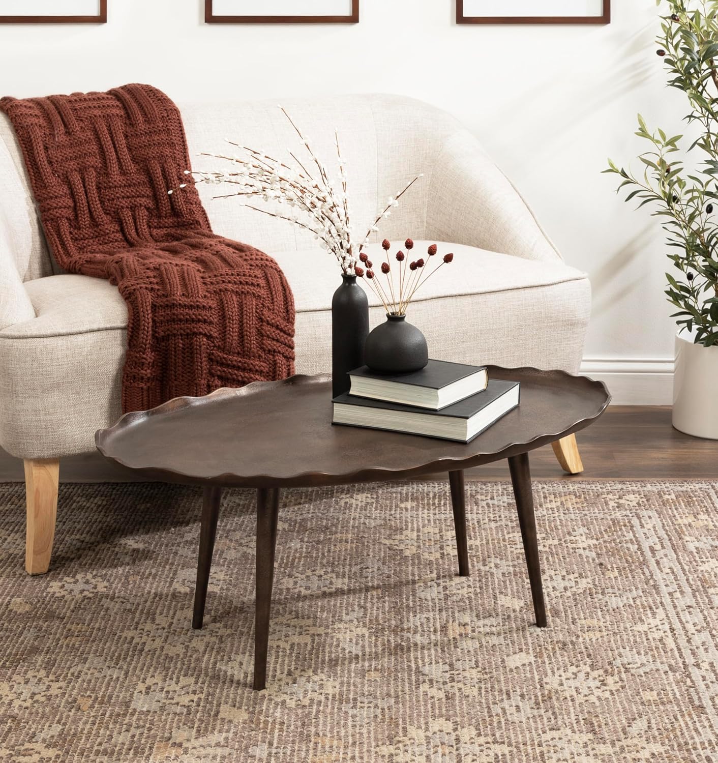 Kate and Laurel Alessia Transitional Oval Coffee Table, 34 x 20 x 15, Bronze, Metal Living Room Table for Storage and Display with Antique Deckled Edge Detailing