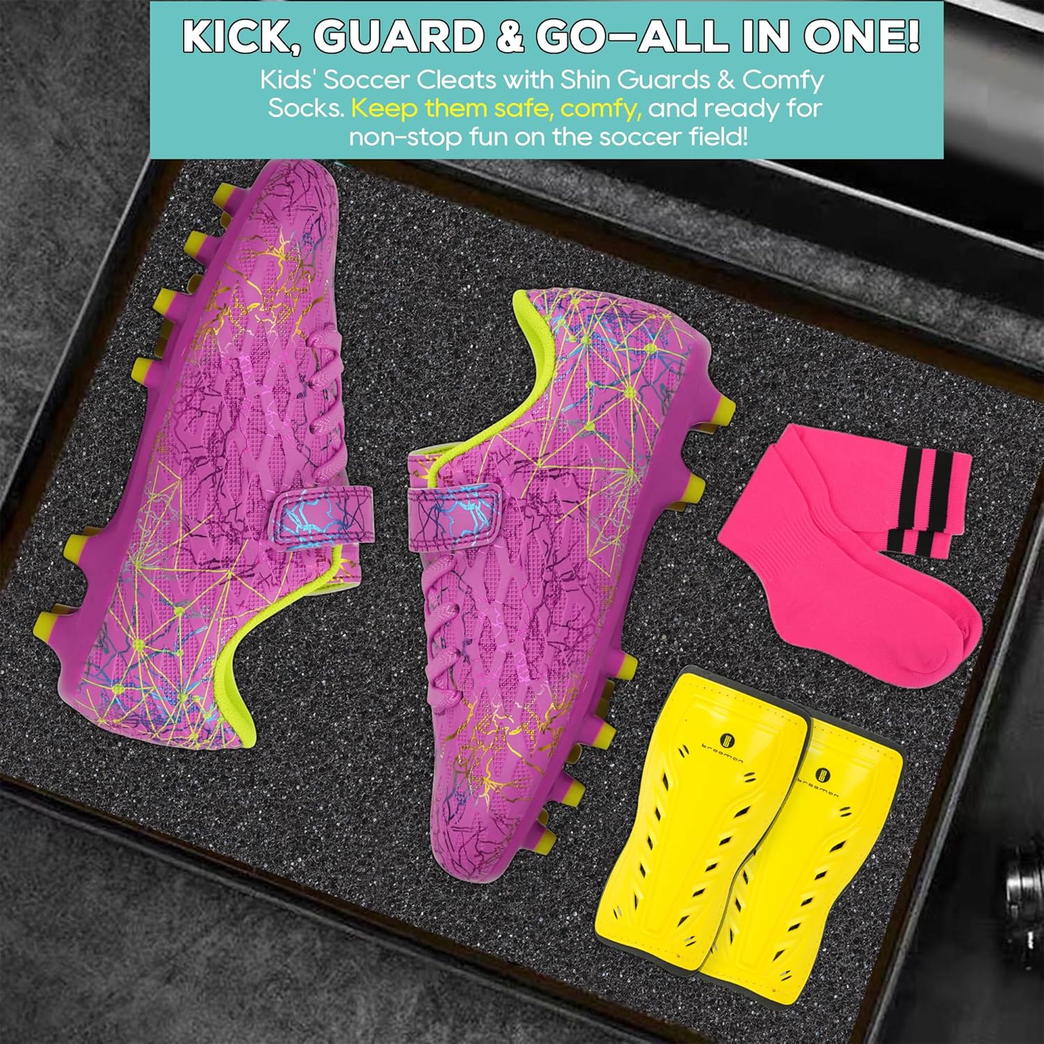 brooman Kids Firm Ground Soccer Cleats Girls Football Cleats with Shin Guards and Soccer Socks - Image 5