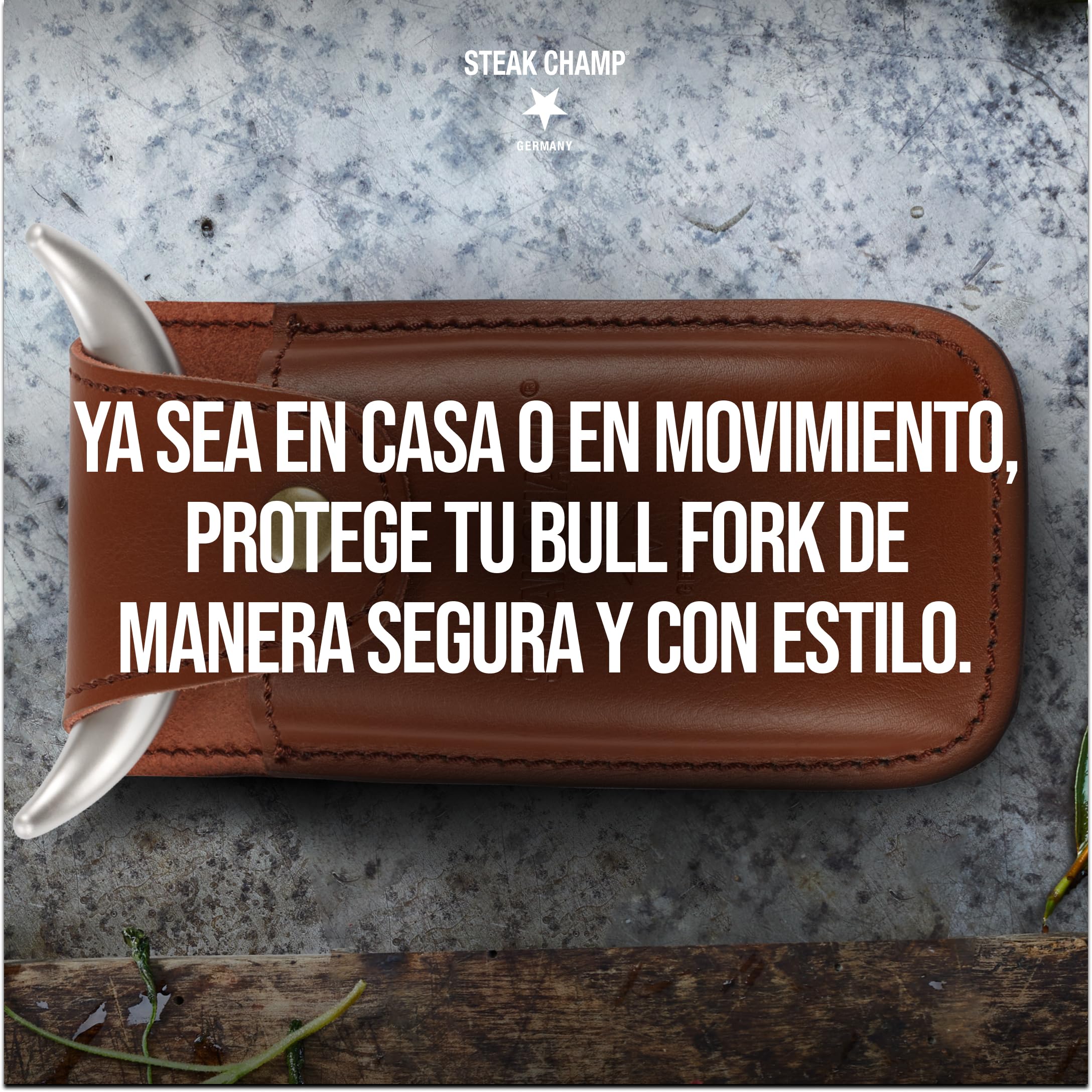 Funda de Cuero Steak Champ para Tenedor de Carne Bull Fork, Fabricada en cuero de alta resistencia, Ideal para Cinturón, con Lengüeta de Seguridad y Botón a Presión