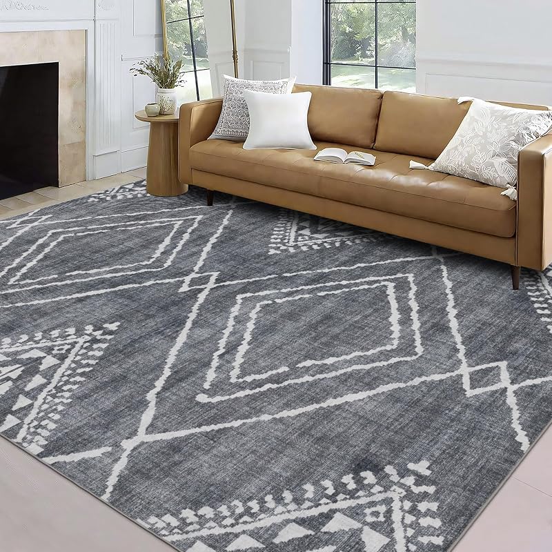 Alfombra lavable a máquina – Sala de estar, dormitorio, baño, cocina, entrada, oficina – Acolchada de pelo bajo resistente a las manchas Premium – Tribal de diamante marroquí – Jax – Gris 4'10" x 7'