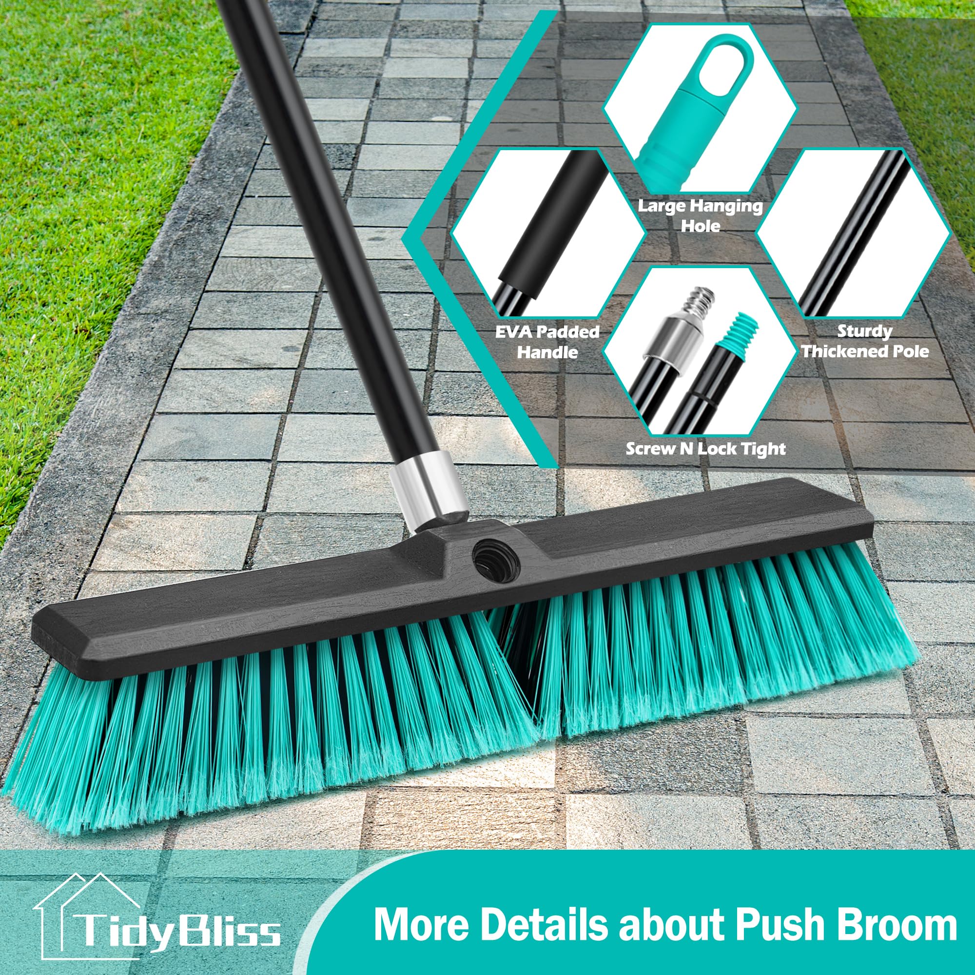 TidyBliss 3 Piezas Escoba Jardin de 45 cm para Exteriores, Cepillo Comercial Grande de Cerdas Rígidas con Mango Largo de 160 cm para Garaje, Taller, Jardín, Patio, Terraza, Calle, Almacén, Césped