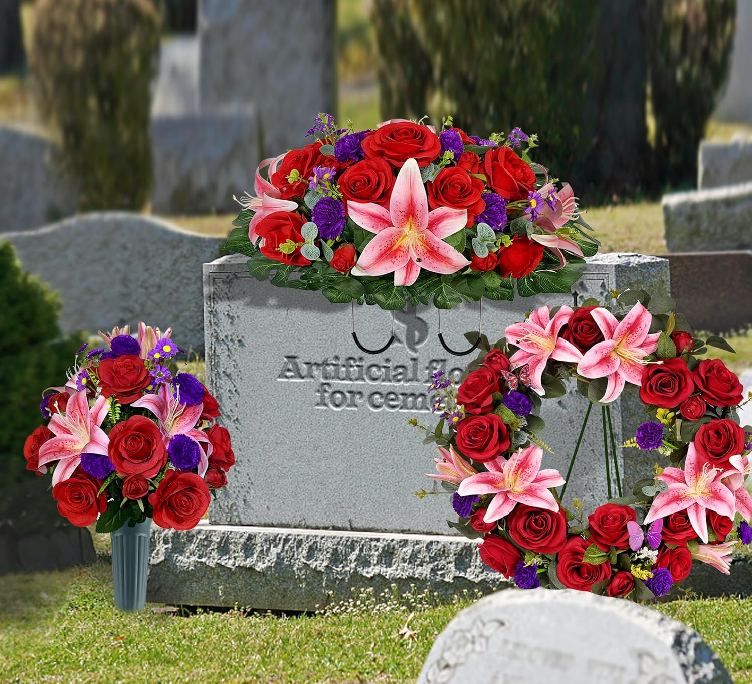Cemetery Wreaths for Graves with 30 inch Easel Stand,Handmade Headstone Wreath Flower with Hanger, Artificial Rose Lily Daisy and Carnation,Red/Pink