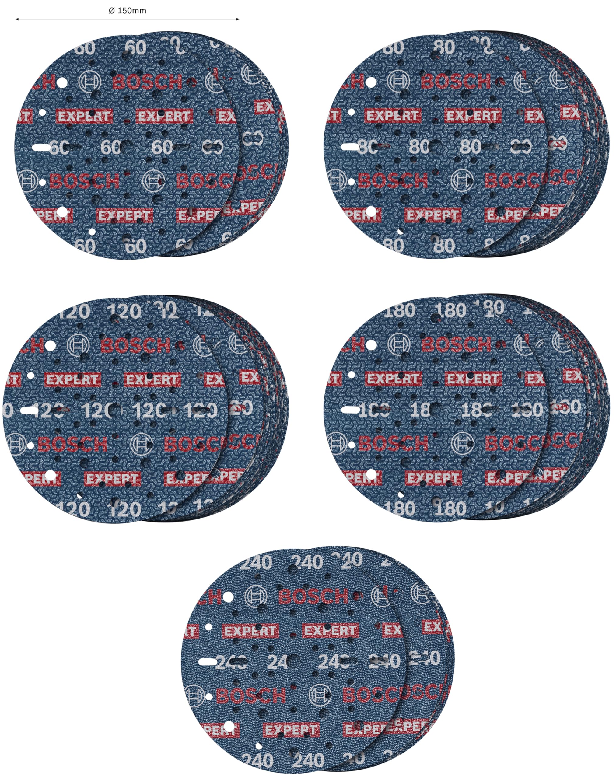 Bosch 9x EXPERT O780 zestaw tarcz szlifierskich do folii, 150 mm, 55-częściowy (do twardego drewna, farba na drewnie, Ø 150 mm, ziarnistość 5 x 60, 15 x 80, 15 x 120, 15 x 180, 5 x 240, profesjonalne