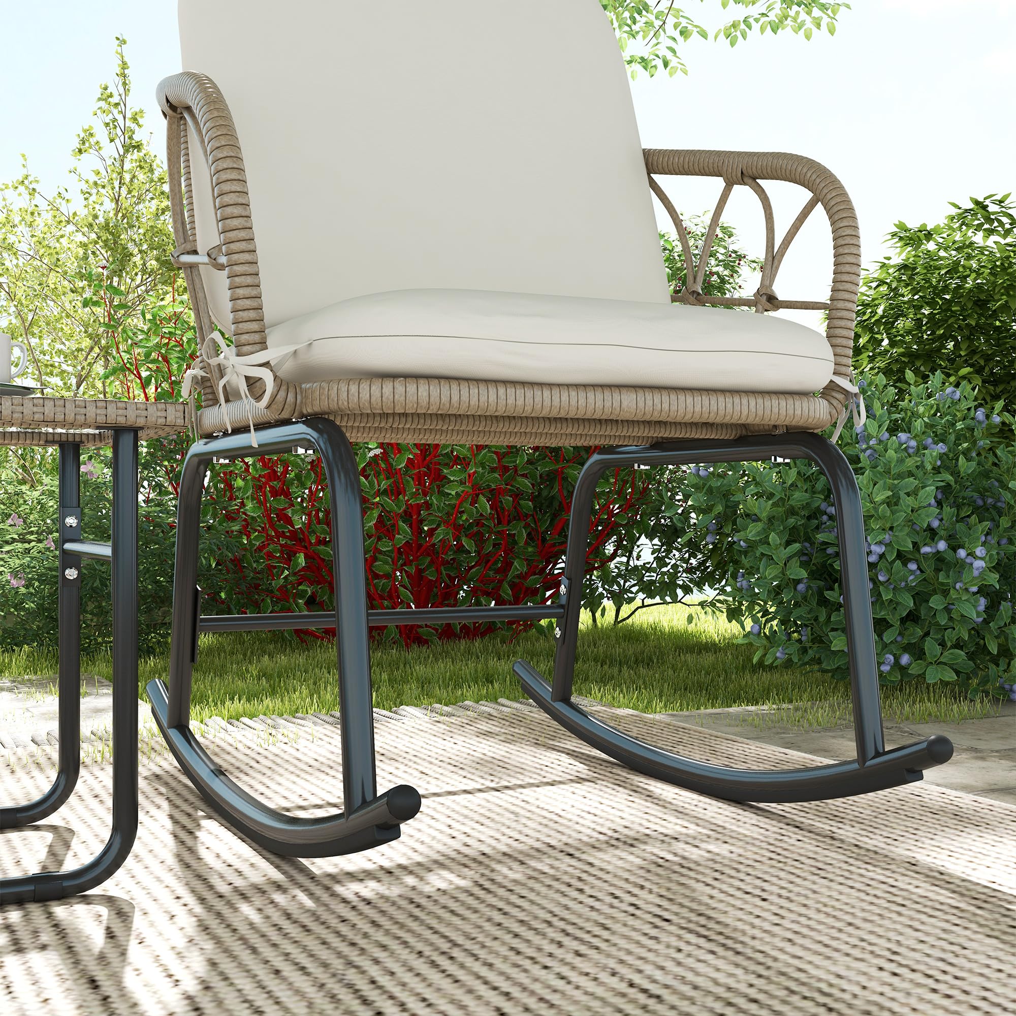 Outsunny Conjunto de Muebles de Ratán de 3 Piezas Conjunto de Mecedoras de Jardín con 1 Mesa de Centro 2 Mecedoras y Cojines para Jardín Terraza Patio Crema y Beige