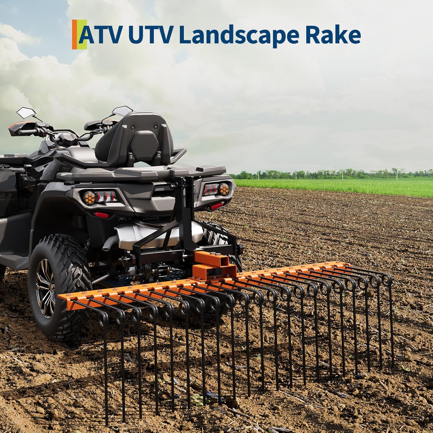 48 in Durable Pine Straw Rake Steel Spring Landscape Rake Fits 2 in Receiver for Lawn Tractors or ATV/UTV, Orange