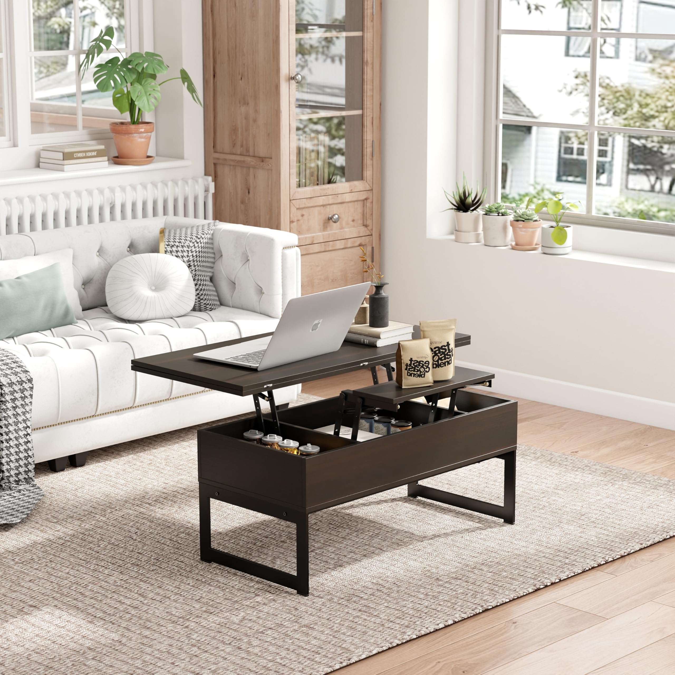 Table Basse Relevable, Tables Basse Extensible Multifonctionnelle 4 en 1 pour Salon, avec 3 Cases de Rangement Cachées, Table Basse Convertible Manger (Pied métallique, Noir brunâtre)