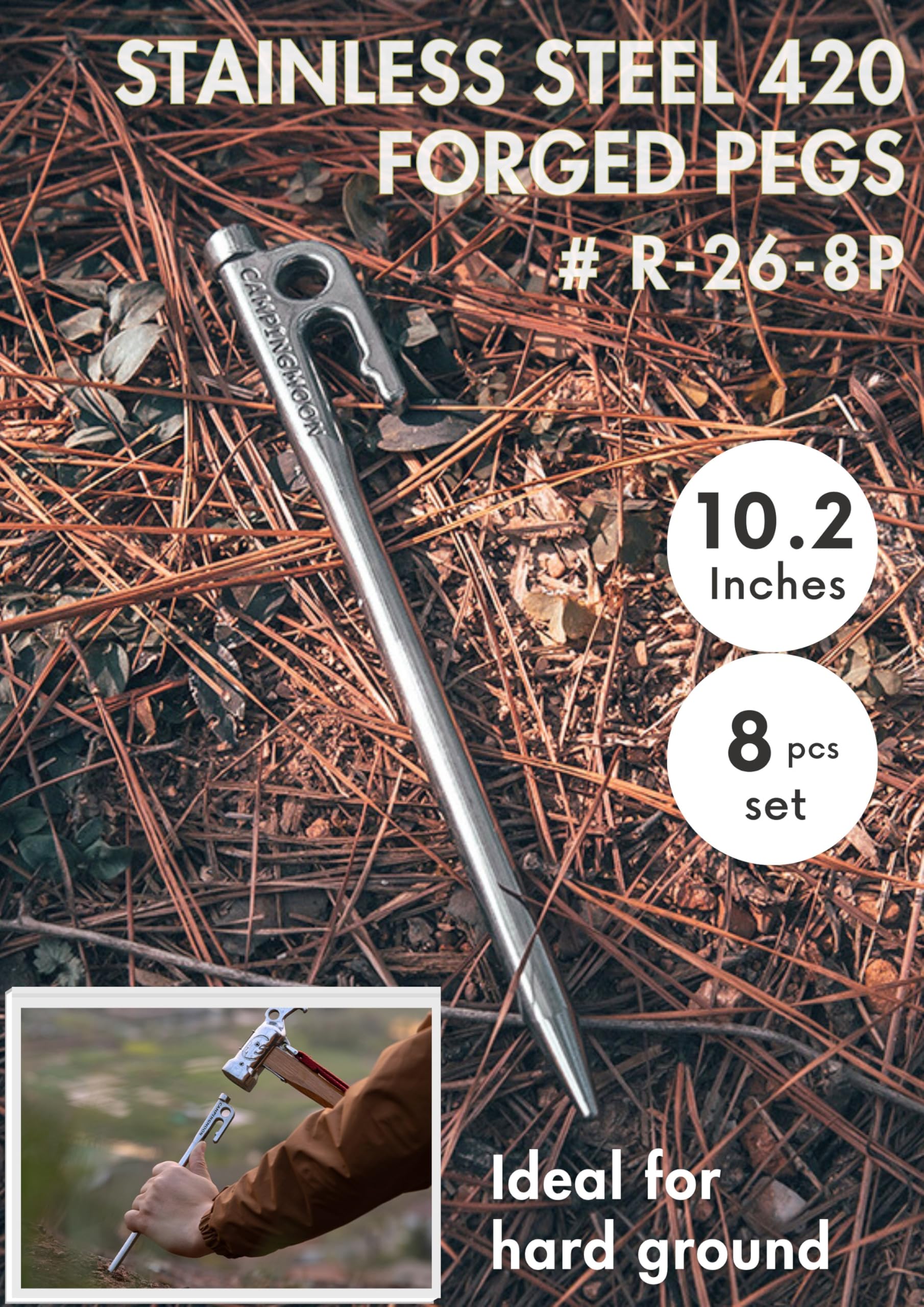 Campingmoon R-26-8P Lot de 8 piquets de tente en acier inoxydable martensitique forgé 420J2 25,9 cm