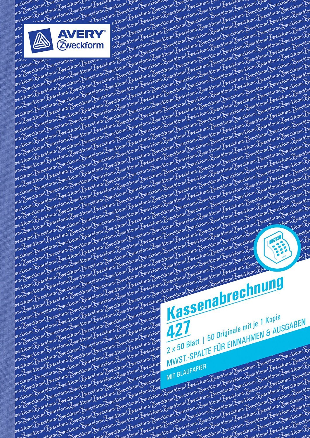 Avery Zweckform 427 Kassenabrechnung, DIN A4, mit MwSt.-Spalte für Einnahmen und Ausgaben, weiß, gelb (5er Sparpack)