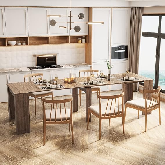 Extendable Dining Table, 118.5 Modern Rectangular Extendable Table, Wooden Kitchen Table Dining Room Table, Long Desk Table Large Console Table Office Table for 6 8 10 12 People (White Oak)
