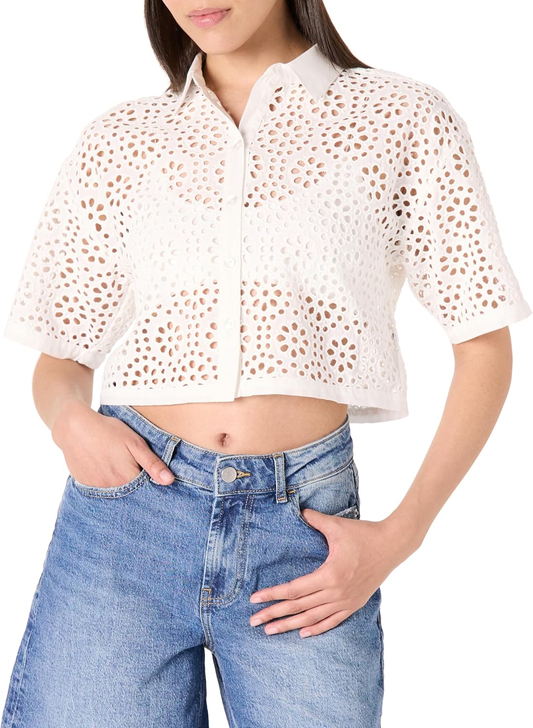 The Drop Women's LUE Lace Button Down Cropped Shirt