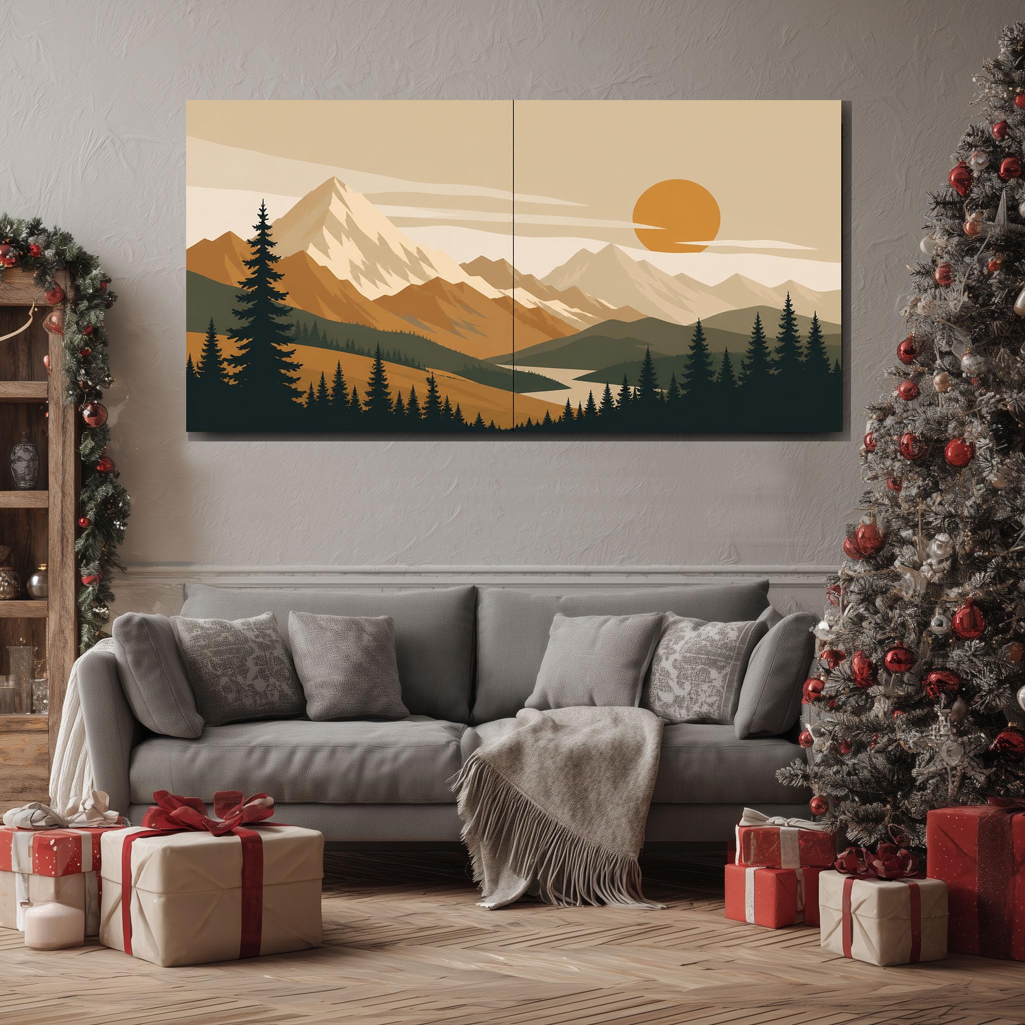 quadro grande soggiorno Tramonto Montano Retrò su tela 80x160cm con cornice