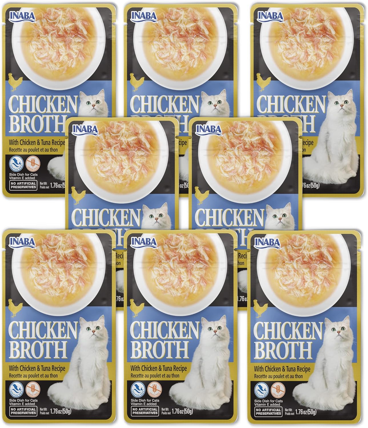 INABA Chicken Broth Side Dish for Cats with Vitamin E, Eight 1.76 Ounce Pouches