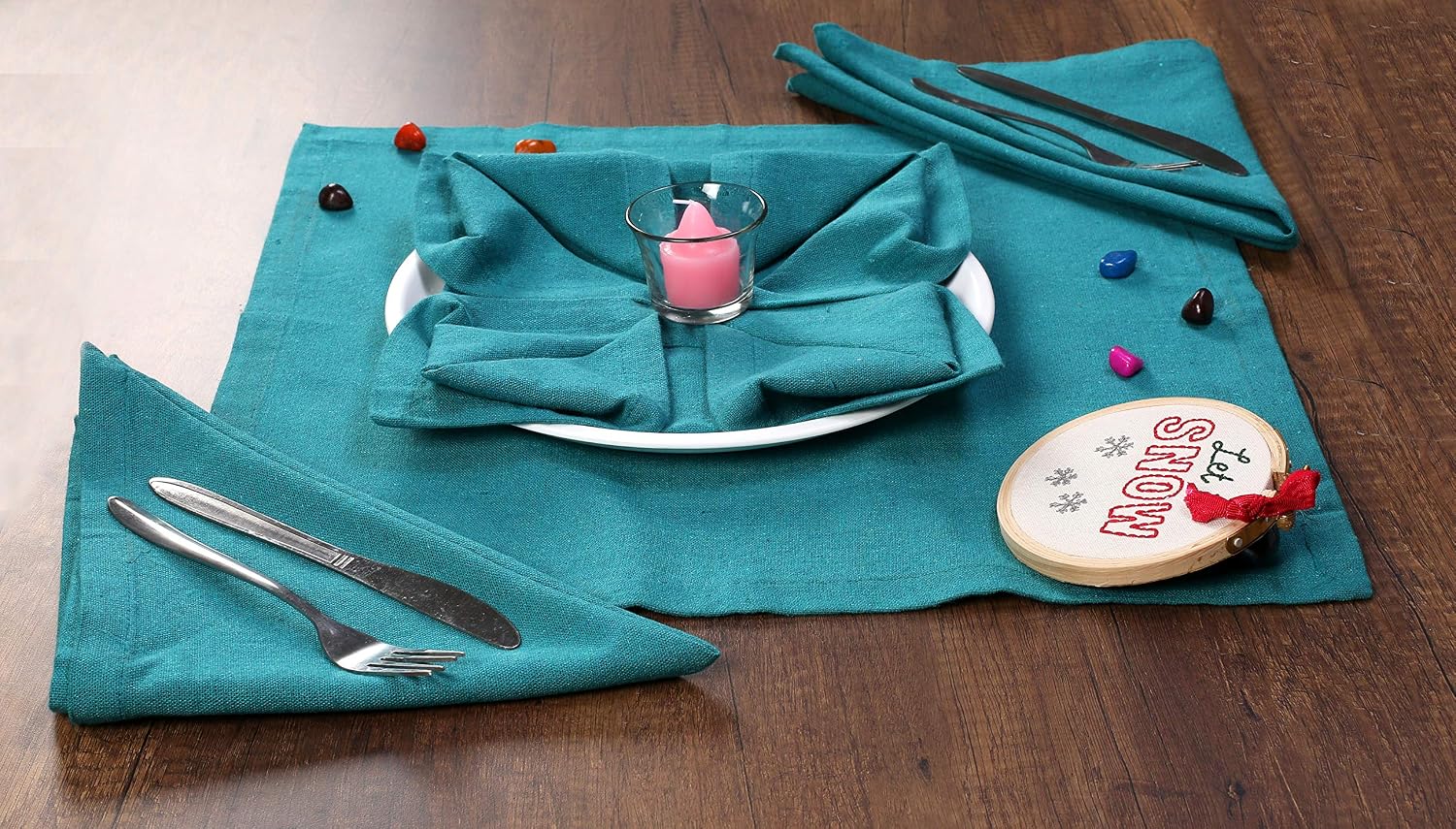 Ramanta Home Teal Cotton Dinner Napkins Set of 12, 18x18 Inch image 5