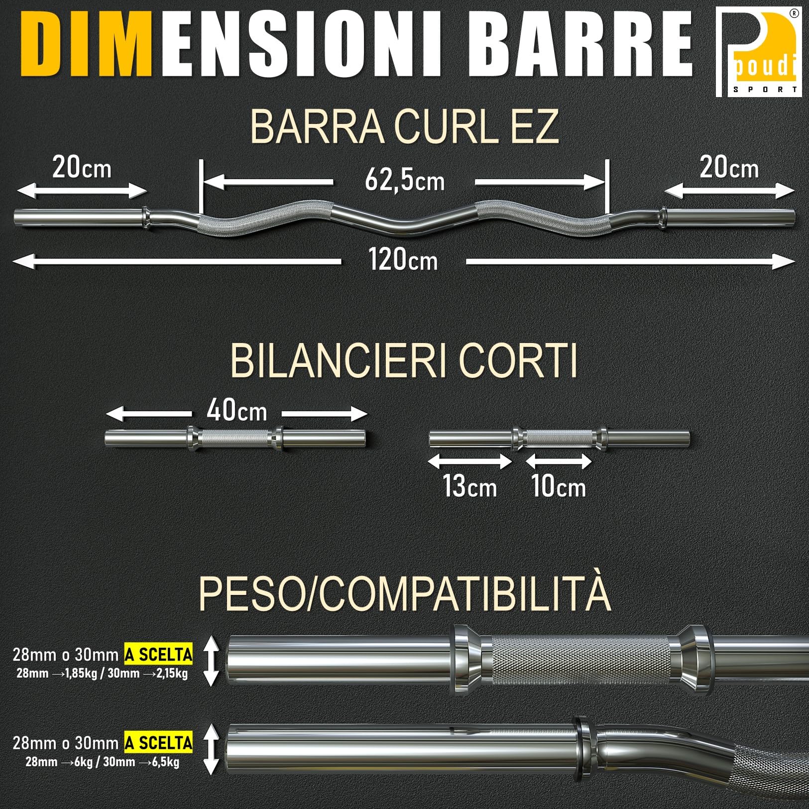 1 EZ curl barra bilanciere 120cm + 2 barre manubri corti 40cm | Ø 28/30mm | 6 morsetti per bilanciere | Acciaio cromato