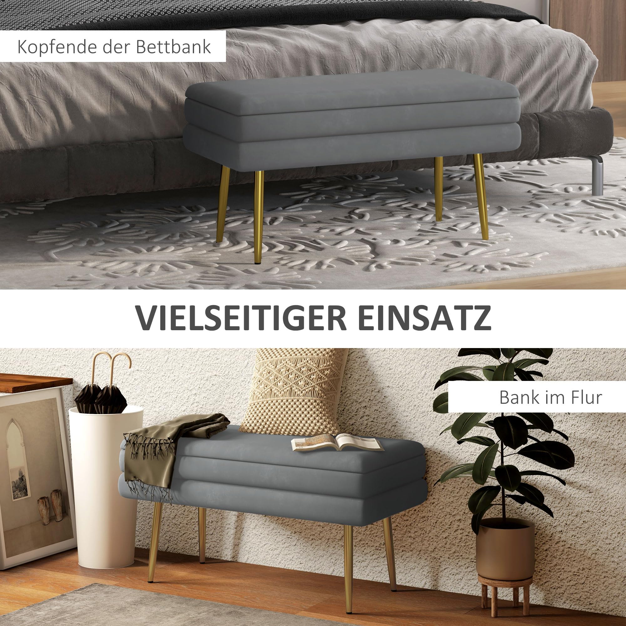 HOMCOM Sitzbank Polsterbank mit Stauraum Samtoptik 79,5x37,5x43cm Grau | Bettbank mit Stahlbeine, Schuhbank, Aufbewahrungsbank für Wohnzimmer, Schlafzimmer