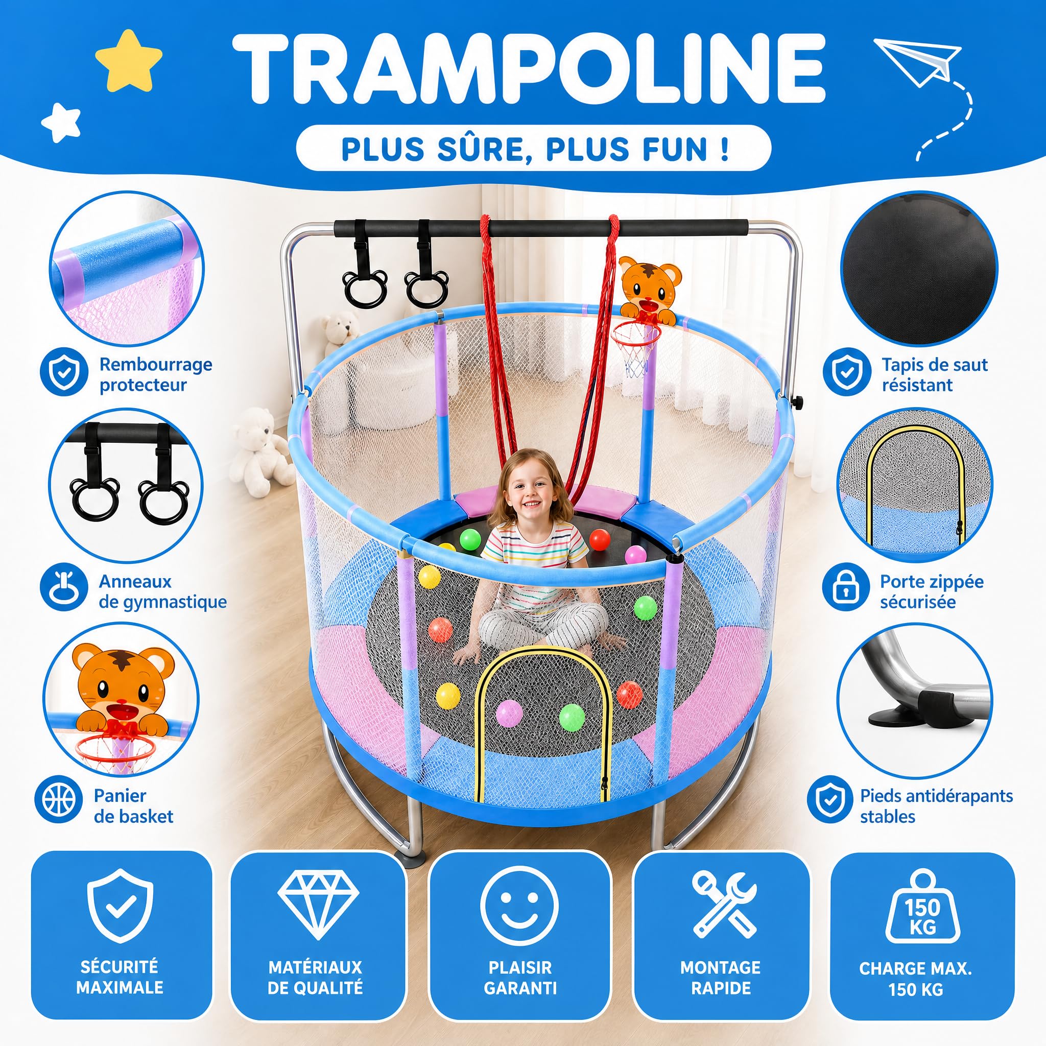 hotsizz Trampoline 1,5 m, avec balançoire, Barre de Gymnastique, Panier de Basket, pour Enfants de 3 à 14 Ans, Trampoline Enfant adaptés à Une Utilisation en intérieur et en extérieur