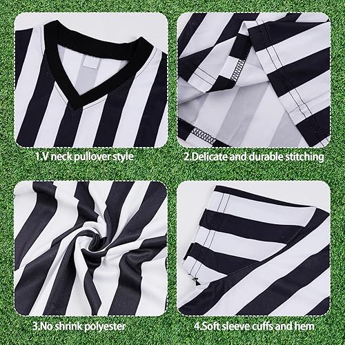 Miniatura 3 de obmwang Disfraz de camisa de árbitro para niños, camisa de árbitro con cuello en V a rayas blancas y negras, bandera de penalti amarilla y silbato