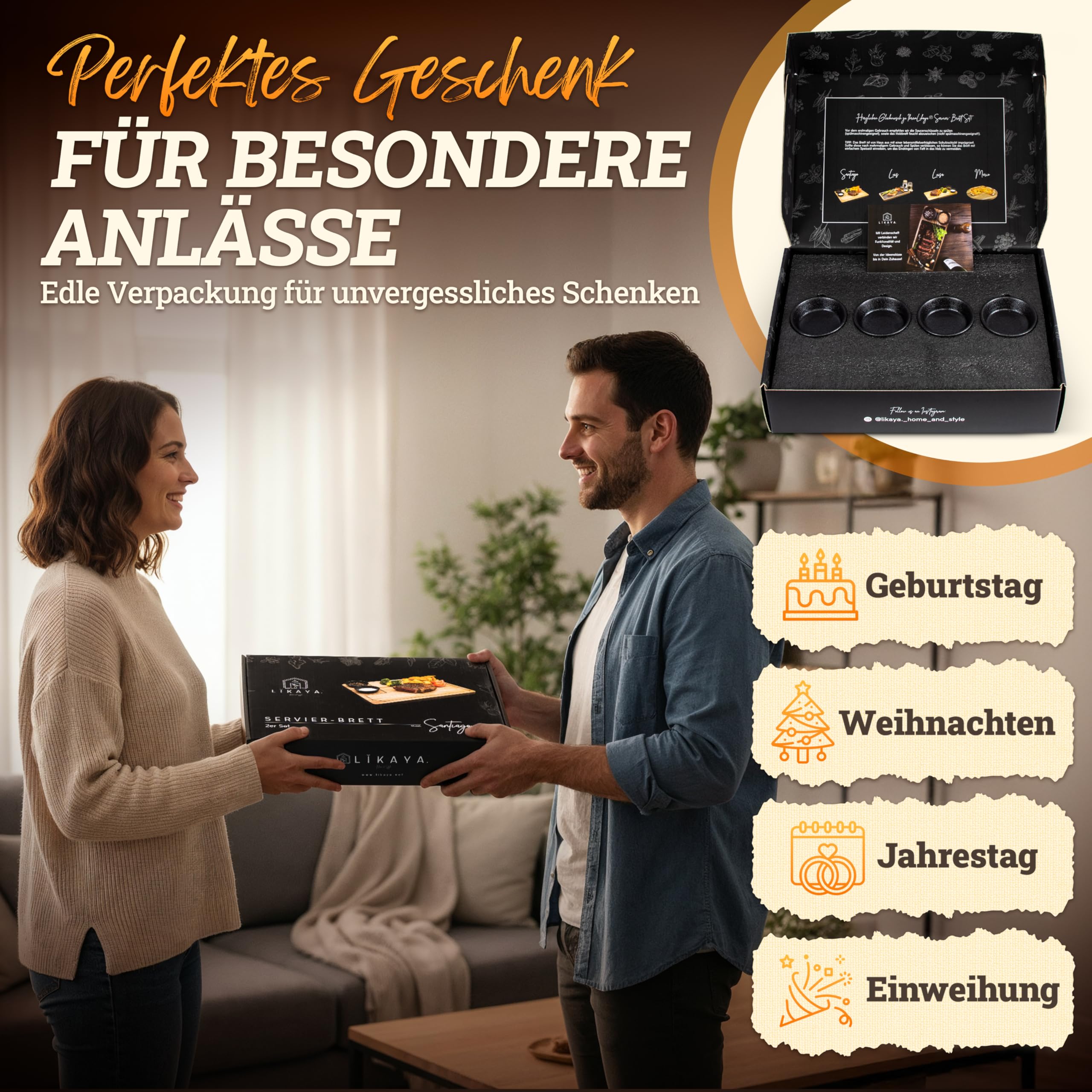 LIKAYA® Servierbrett XXL 2er-Set 'Santiago' – FSC® Akazienholz mit Saucenschüsseln | Perfekt als Grillbrett, Steakbrett & Geschenk für Burger, Steak & Sushi
