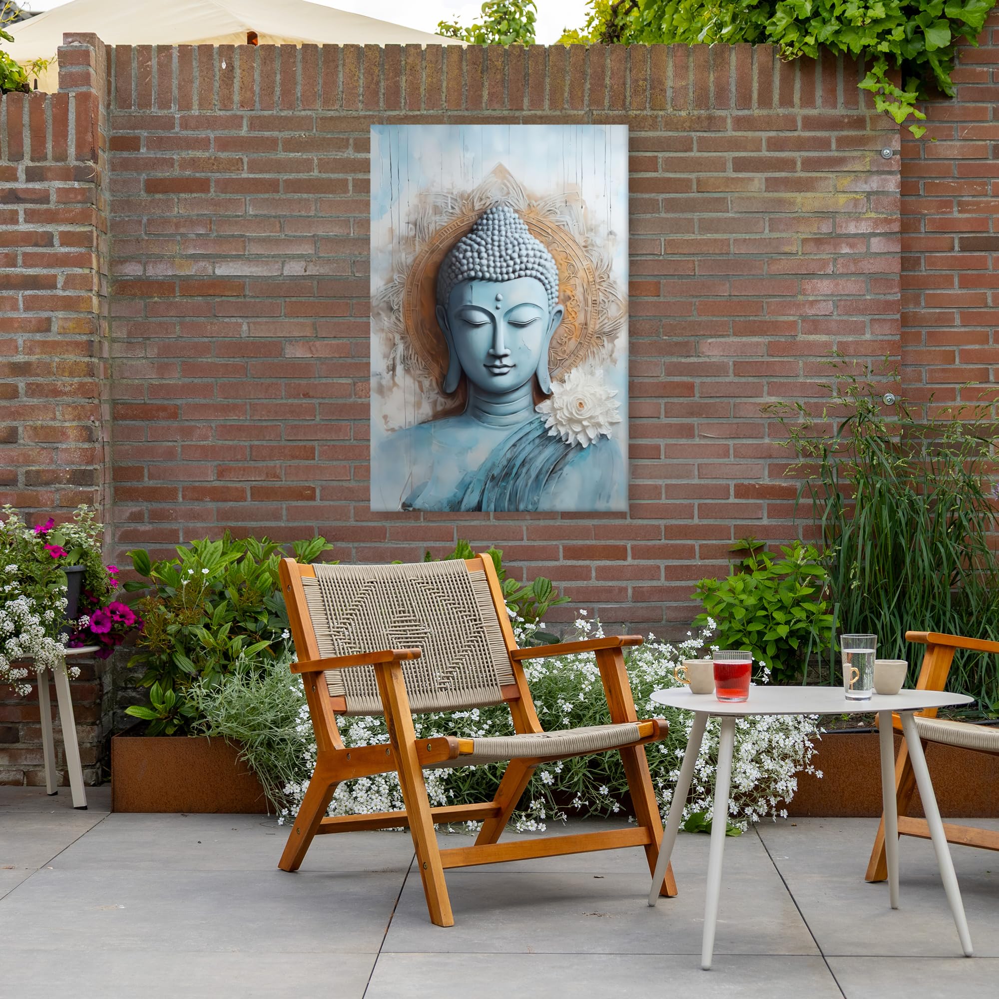 Gartenbild 80x120 cm Outdoor Deko Garten Leinwand Modern Wandbild Wetterfest Kunstdruck Terrasse Geschenke Draußen Buddha - Statue - Blau - Braun - Blume