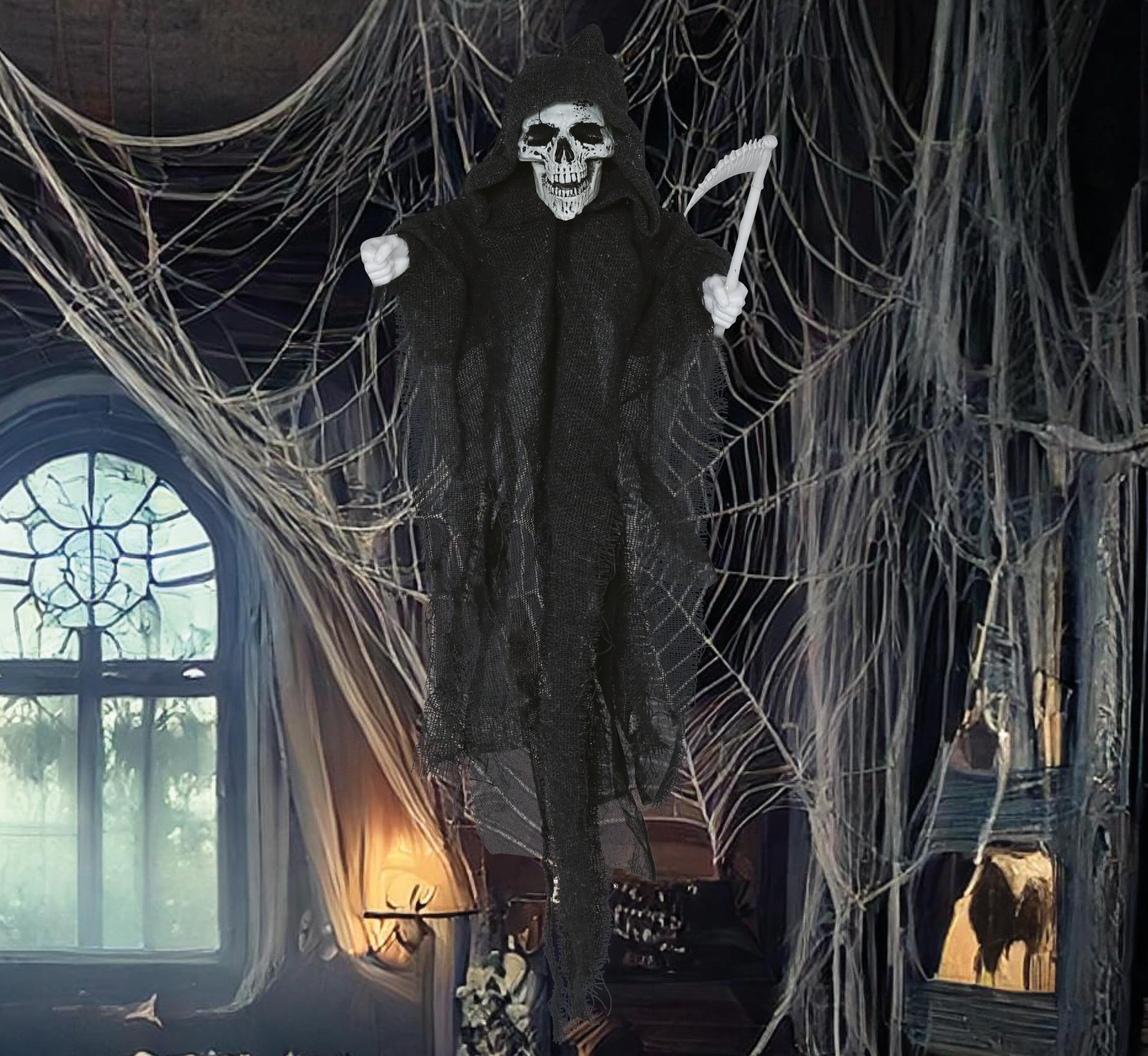 FIESTAS GUIRCA | Hanging Skeleton with Scythe (19.7 in) - Halloween Decoration for Horror Parties and Skeleton Celebrations - Ideal for Spooky Environments and Scary Scenes - Grey