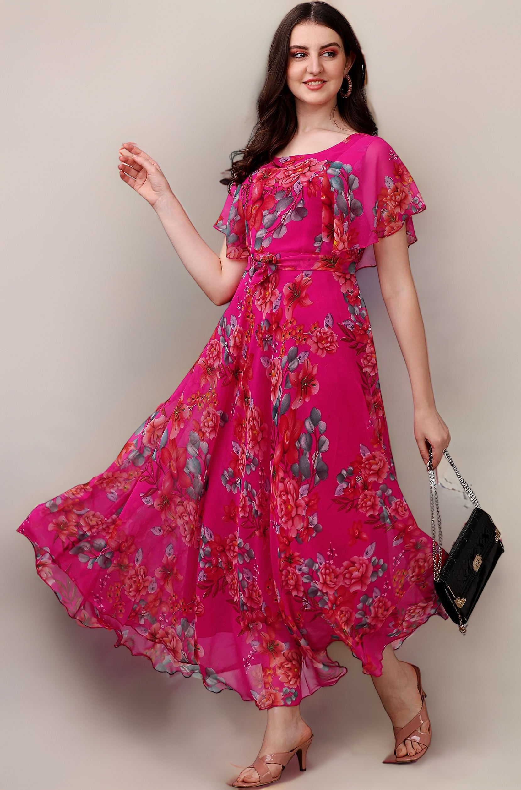 Fashion2wear Women's Georgette Floral Digital Print Short Sleeve Full-Length Fit & Flare Long Gown Dress for Girls (ET-CYWN-E1LE)