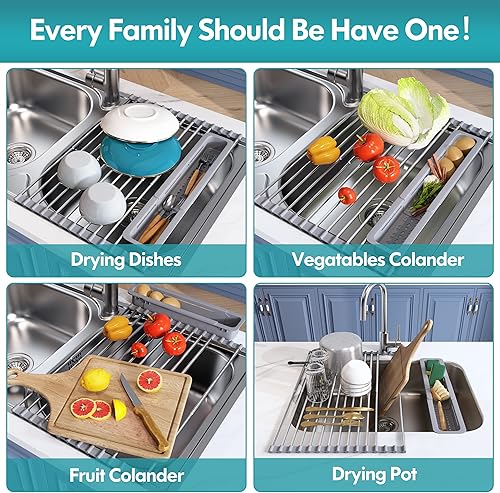 Miniatura 4 de Escurridor enrollable, extensible y portátil de acero inoxidable 304, para usar sobre fregadero y encimera de cocina, cubierta plegable con