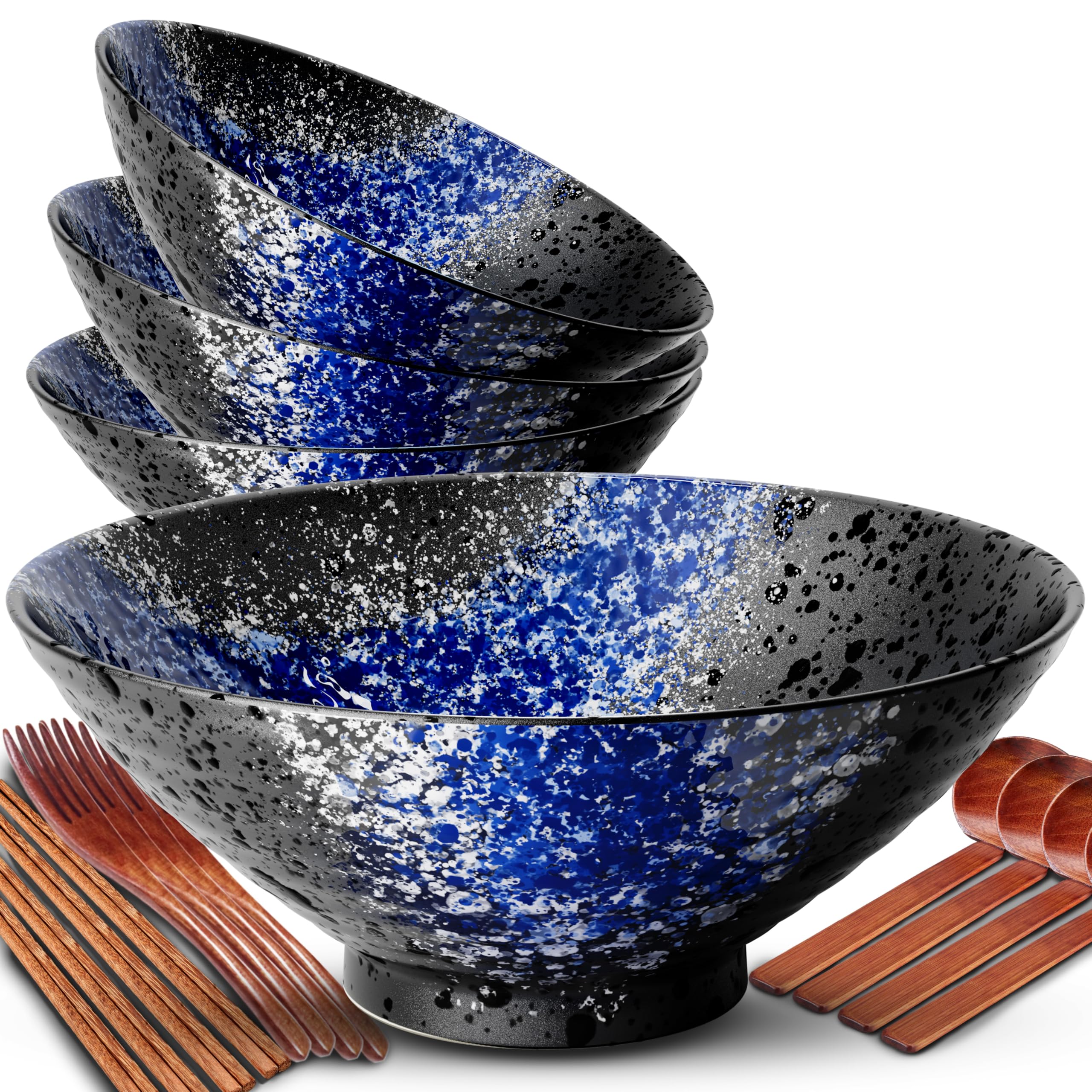 8-Inch Ramen Bowl Set 4 Large Japanese Bowls Ceramic Microwavable 16pcs