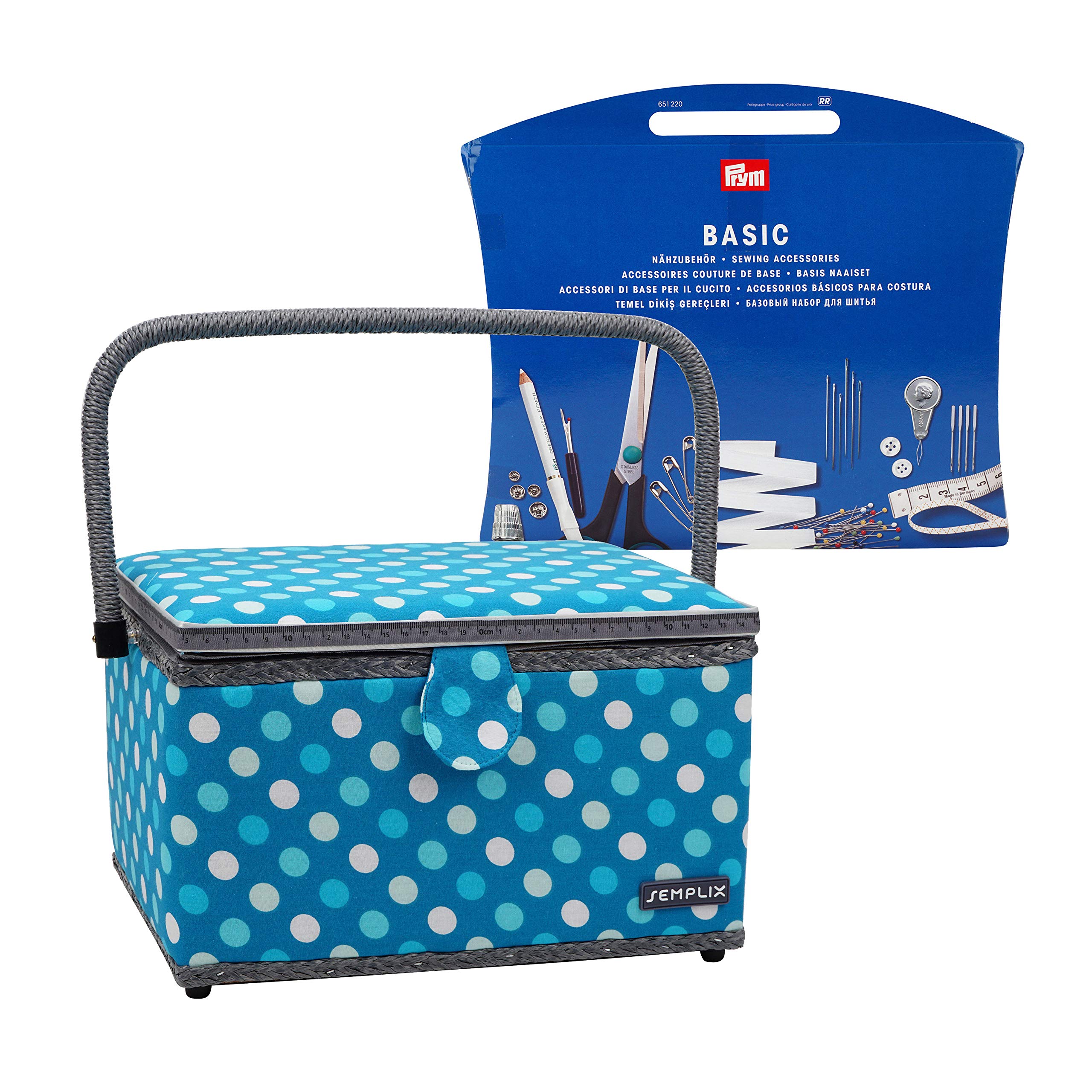 SEMPLIX Koszyk na przybory do szycia, rozmiar L, wypełniony (30 x 22 x 19 cm) – kompatybilny z zestawem akcesoriów do szycia Prym (wchodzi w zakres dostawy) – Polka Dots Petrol-turkusowy