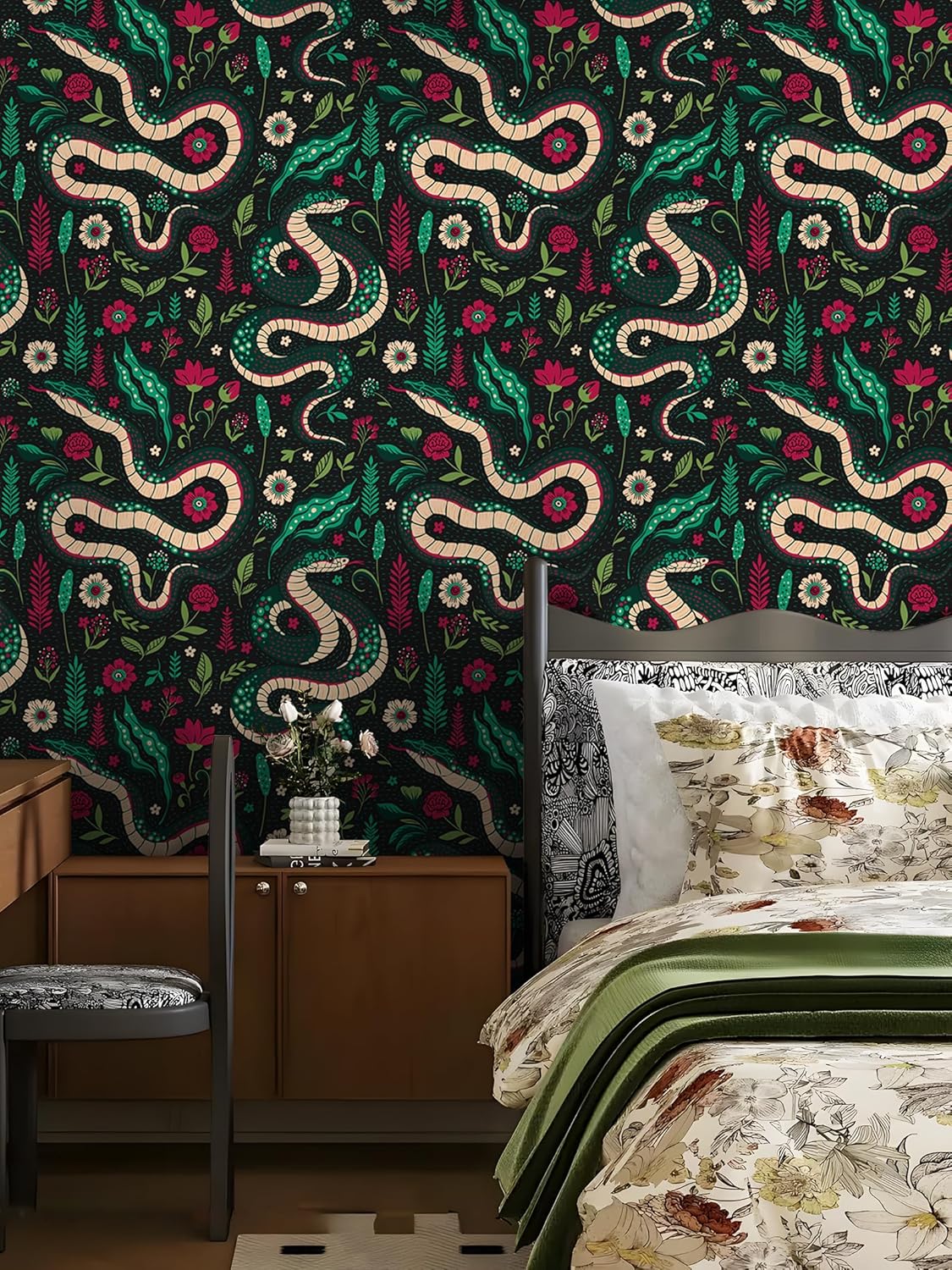 Floralplus Peel and Stick Wallpaper Jungle Snake Wallpaper Vintage Floral Removable Renter Friendly Wallpapers for Bedroom Tropical Animal Stick On Contact Paper for Countertop 17.5 x 118 in