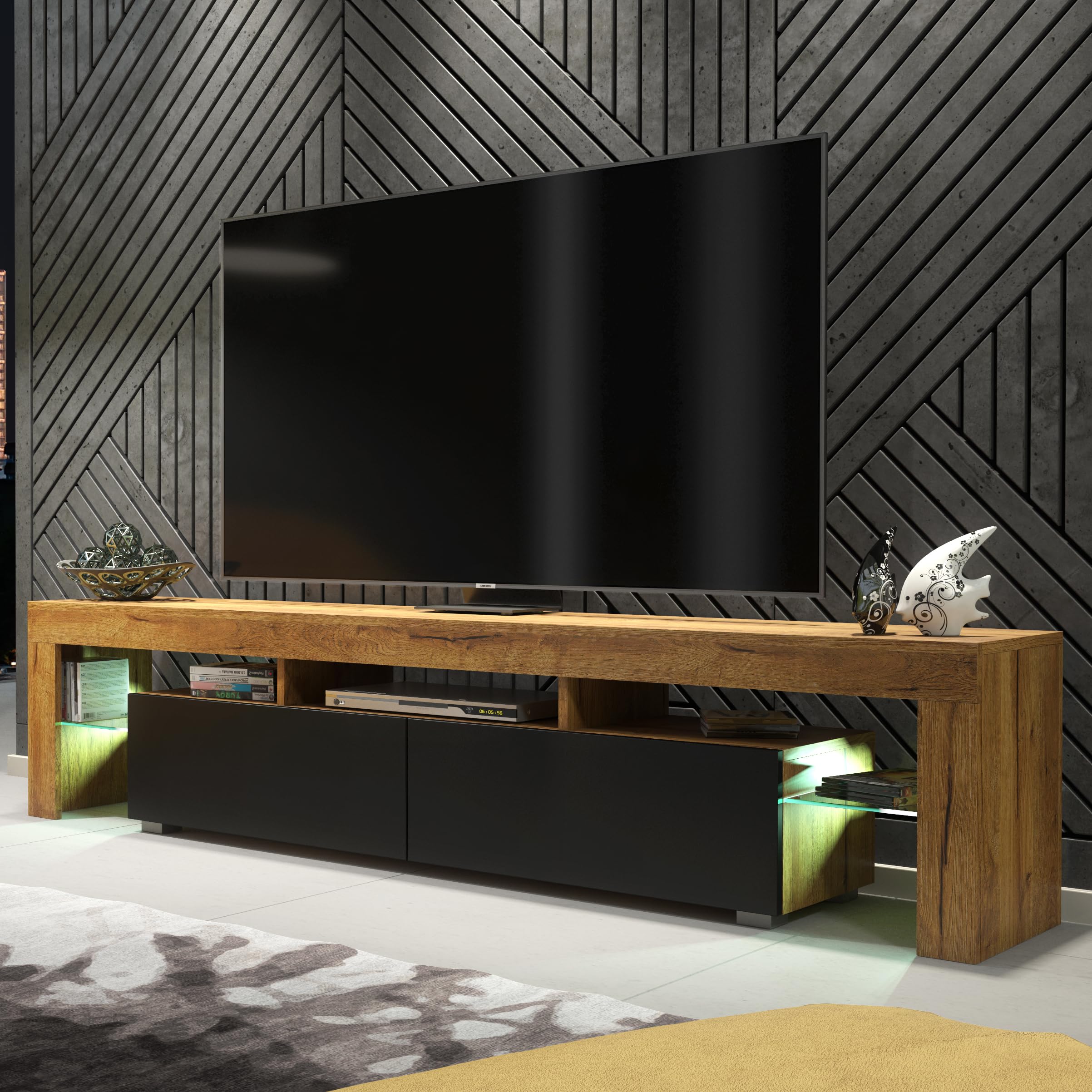 Creative Furniture TV Unit 200cm Dark Oak Modern Stand Black Matt Doors + LED