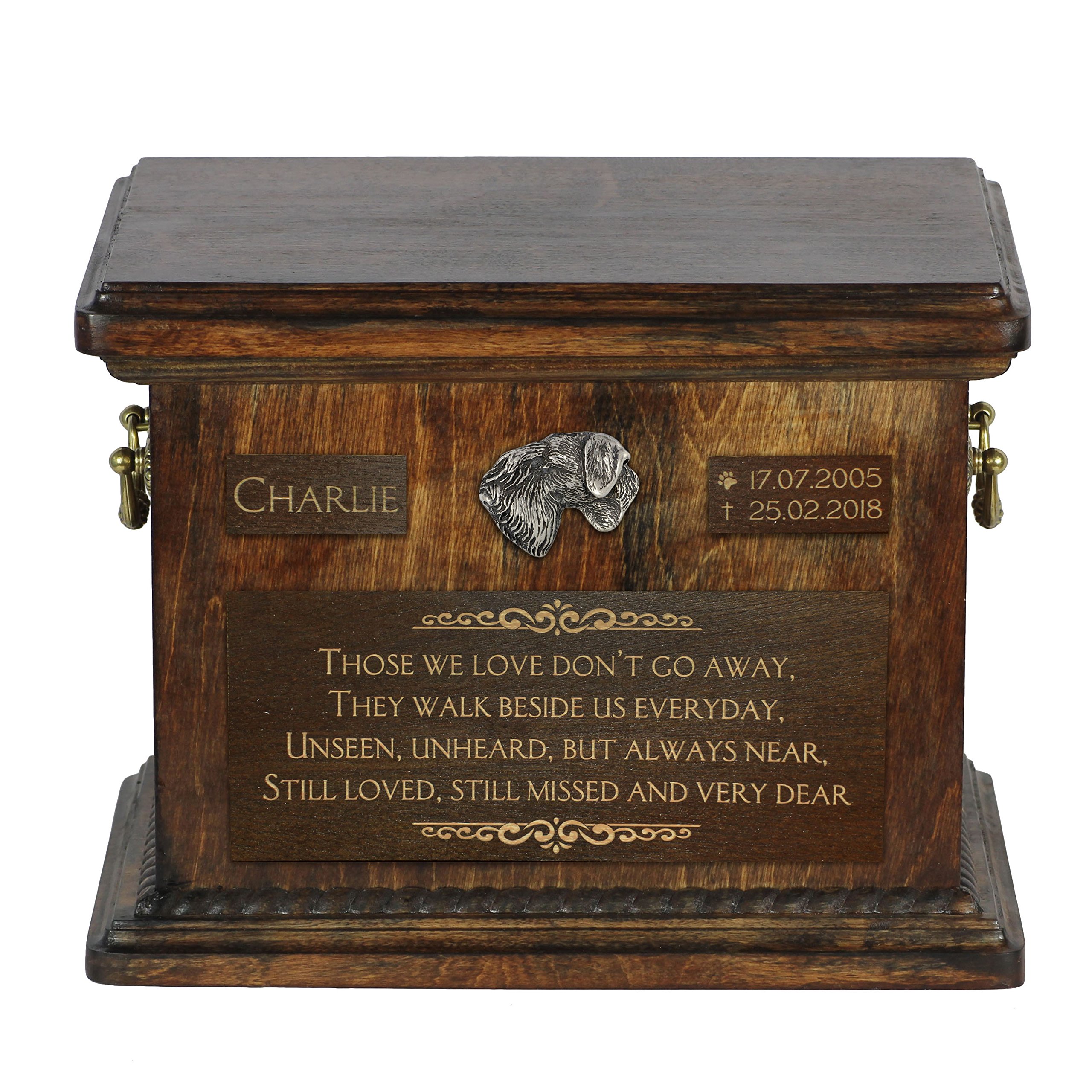 Art-Dog Pet Memorial Urn - Handmade Cold Cast Bronze Portrait on Birch Base - Personalized Dog Cremation Box – Custom Engraving – 8,3x11,4x8,7” – Cesky Terrier