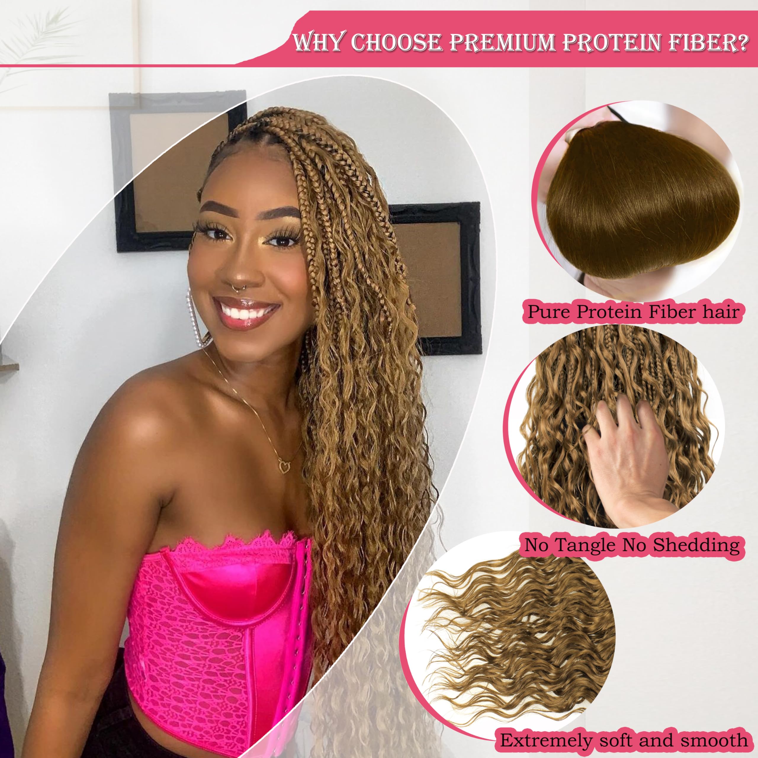 Boho Box Braids Crochet Hair with Soft Curls, Protein Fiber, 8 Packs
