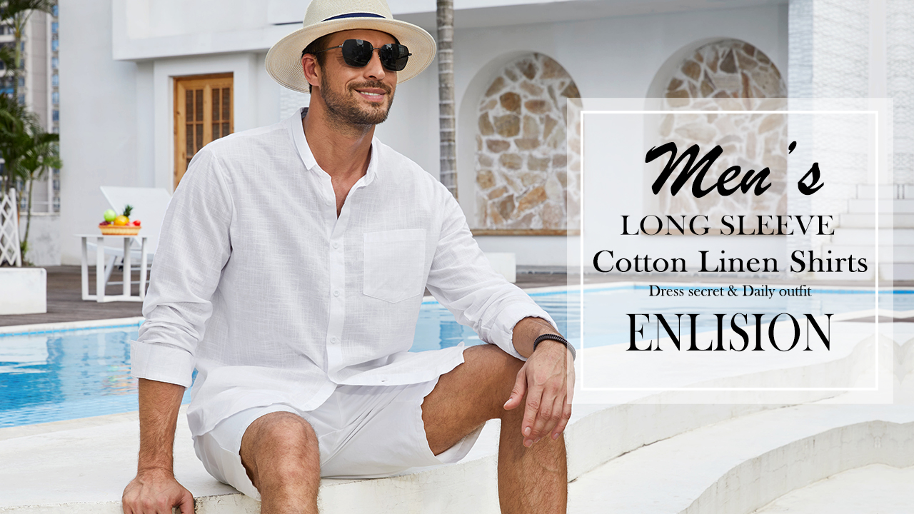 ShallGood - Camicia da uomo in lino, estiva, a maniche lunghe, Slim Fit, leggera, per matrimoni, business, spiaggia, stile casual, alla moda, abbottonatura sul collo, colore: nero, taglia: L bianco XS
