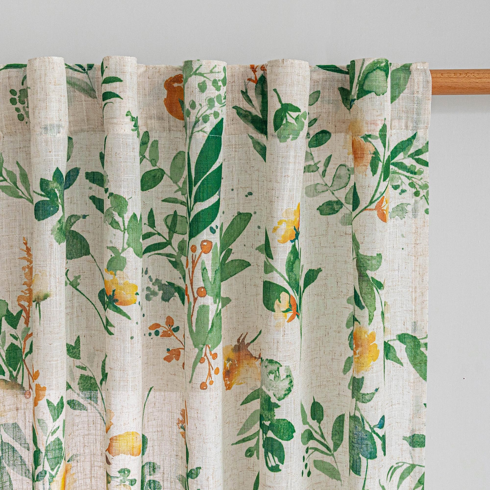 MYSKY HOME Linen Floral Curtains 90 Inches Long Sage Green Semi Sheer